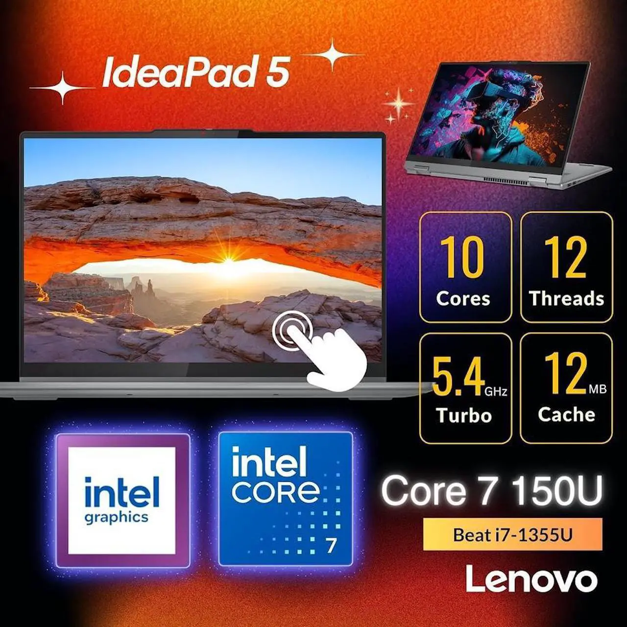 Alt view image 3 of 6 - Lenovo IdeaPad Flex 5 2-in-1 Laptop, 16" WUXGA IPS Touchscreen, Intel 10-Core 7 150U(Up to 5.4 GHz), 16GB LPDDR5X RAM 1TB SSD, Copilot AI Laptop, Backlit Keyboard, Fingerprint Reader, Win11 Home