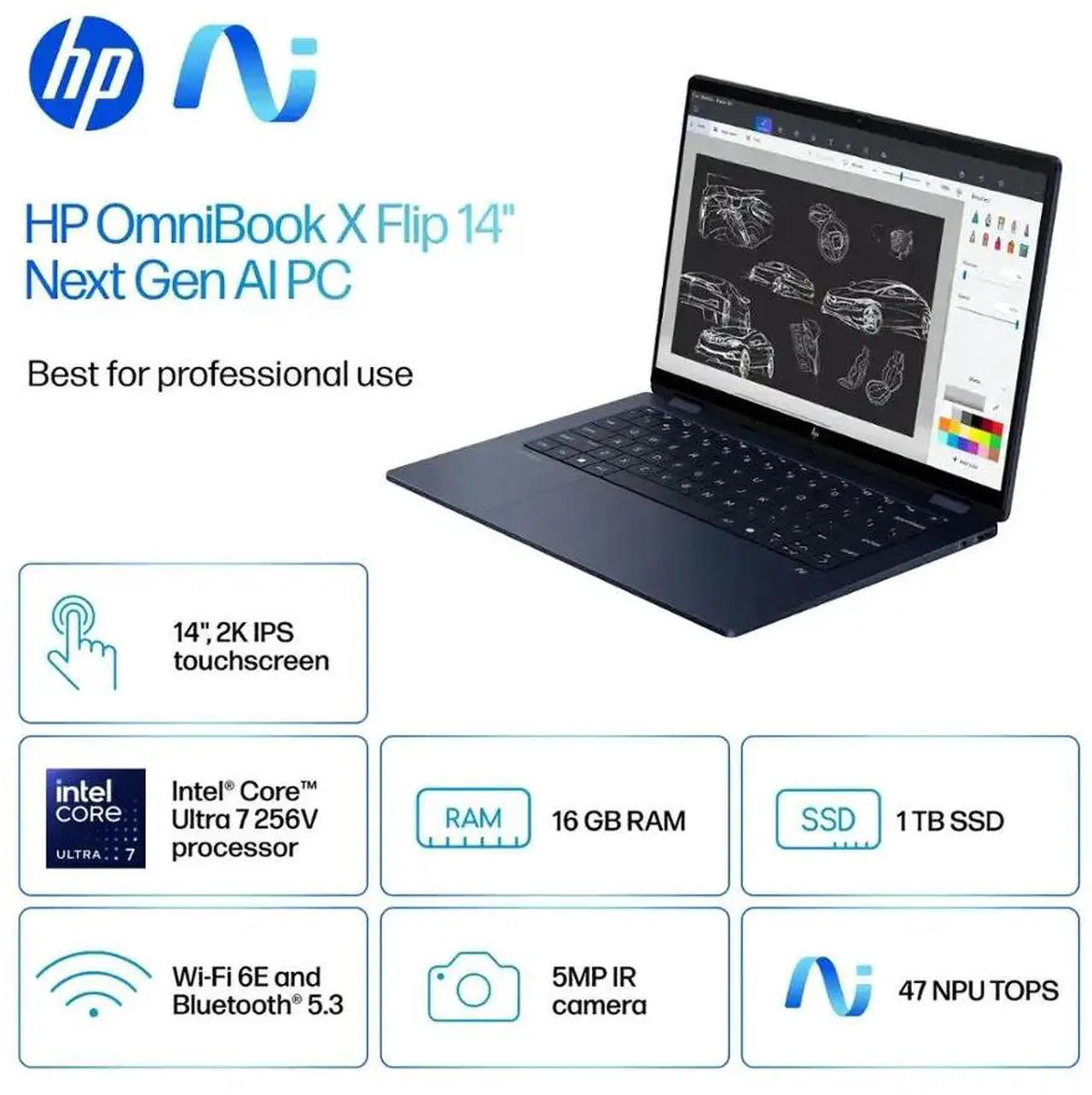 Alt view image 2 of 7 - HP OmniBook X Flip 2-in-1 AI Powered Laptop, 14" 2K LED IPS Touchscreen 400 Nits Display, Intel 8-Core Ultra 7 256V(Up to 4.8GHz), 16GB LPDDR5X 1TB SSD, WiFi 6E, Backlit KB, Win11 Home
