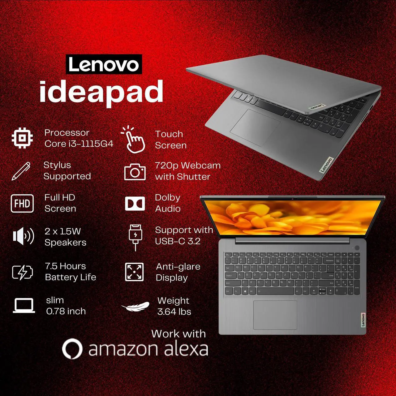 Alt view image 3 of 7 - Lenovo Ideapad 3i, 15.6" FHD Touchscreen Laptop, Intel Core i3-1115G4(Beats i5-1035G4, 3.0 GHz Base Clock), 16GB DDR4 RAM 512GB SSD, Dolby Audio, WiFi 6, Alexa, Bluetooth 5.1, HDMI, Win11 Home