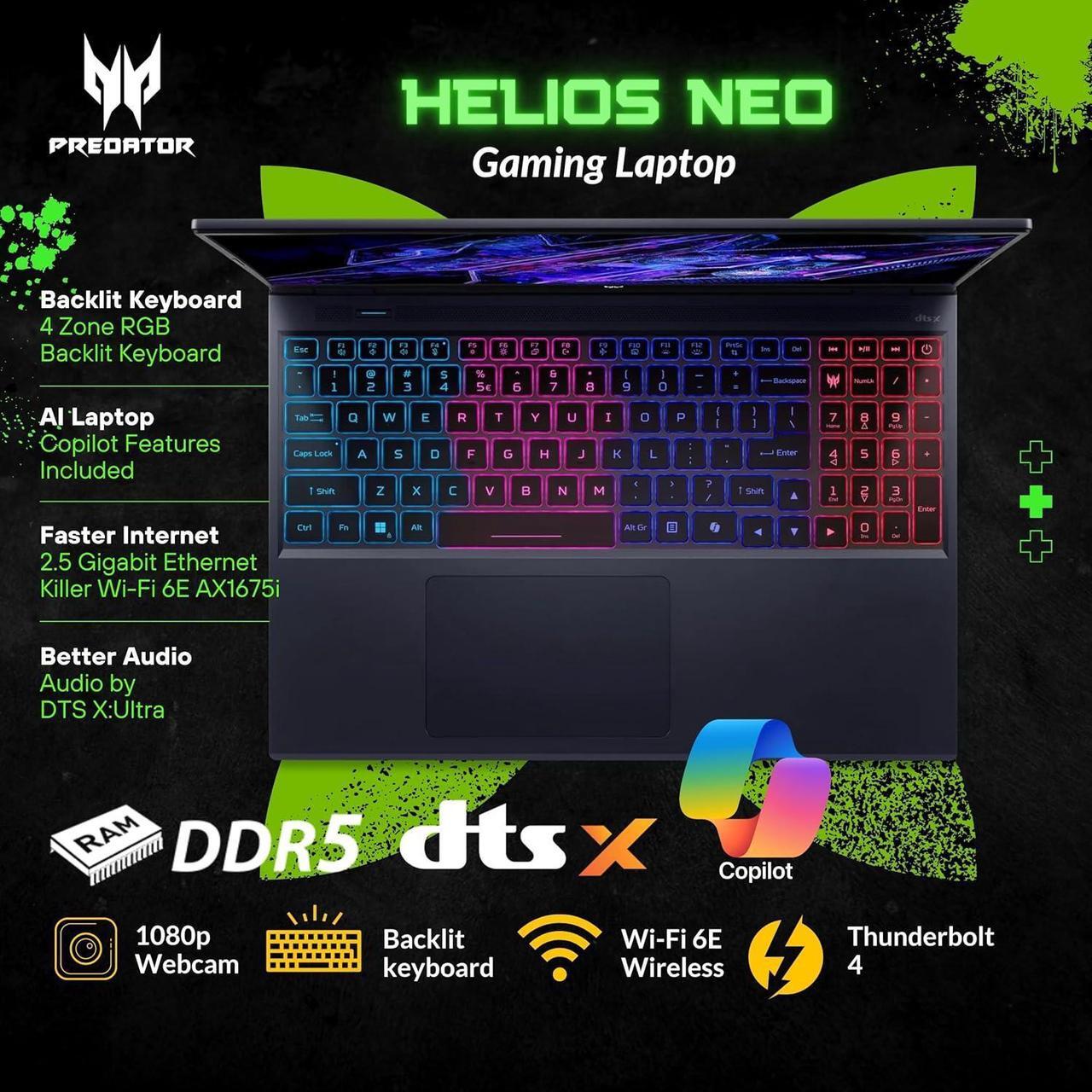 Alt view image 4 of 7 - Acer Predator Helios Neo 16 Gaming Laptop, 16" 165Hz WUXGA Display, Core i9-14900HX(5.80 GHz), GeForce RTX 4060, RGB Backlit KB, Copilot AI Laptop