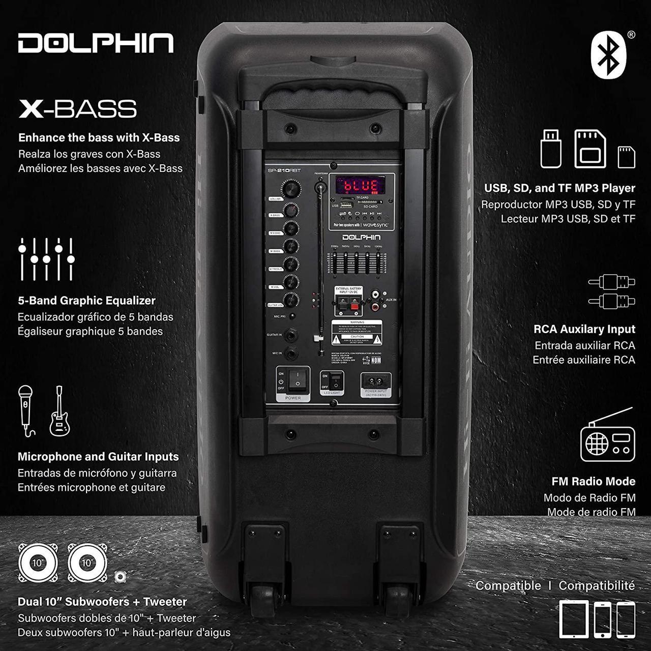 Alt view image 7 of 10 - Dolphin SP-210RBT Rechargeable Dual 10" Party Speaker with Lights