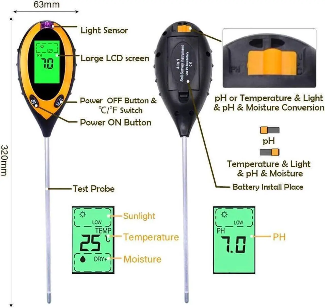 Alt view image 4 of 6 - 4 in 1 LCD Digital PH Tester Soil Water Moisture Light Temperature Test Meter