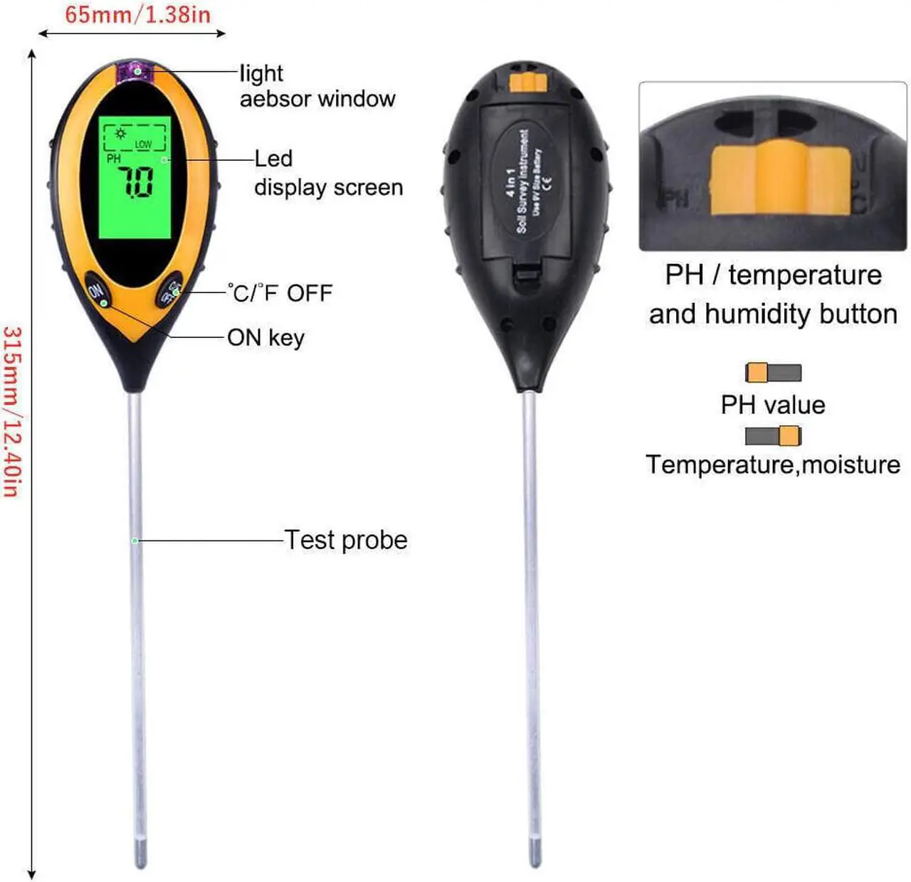 Alt view image 5 of 6 - 4 in 1 LCD Digital PH Tester Soil Water Moisture Light Temperature Test Meter