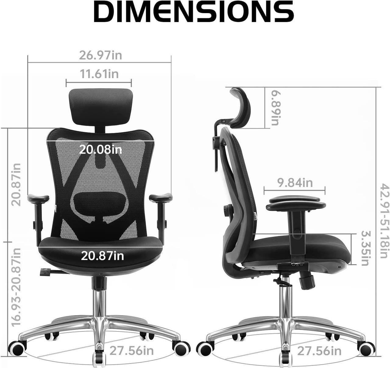 Alt view image 8 of 14 - SIHOO High-Back Mesh Office Chair with Lumbar Support, Ergonomic Chair for Desk, Breathable Mesh Adjustable Headrests for Home Office, Black