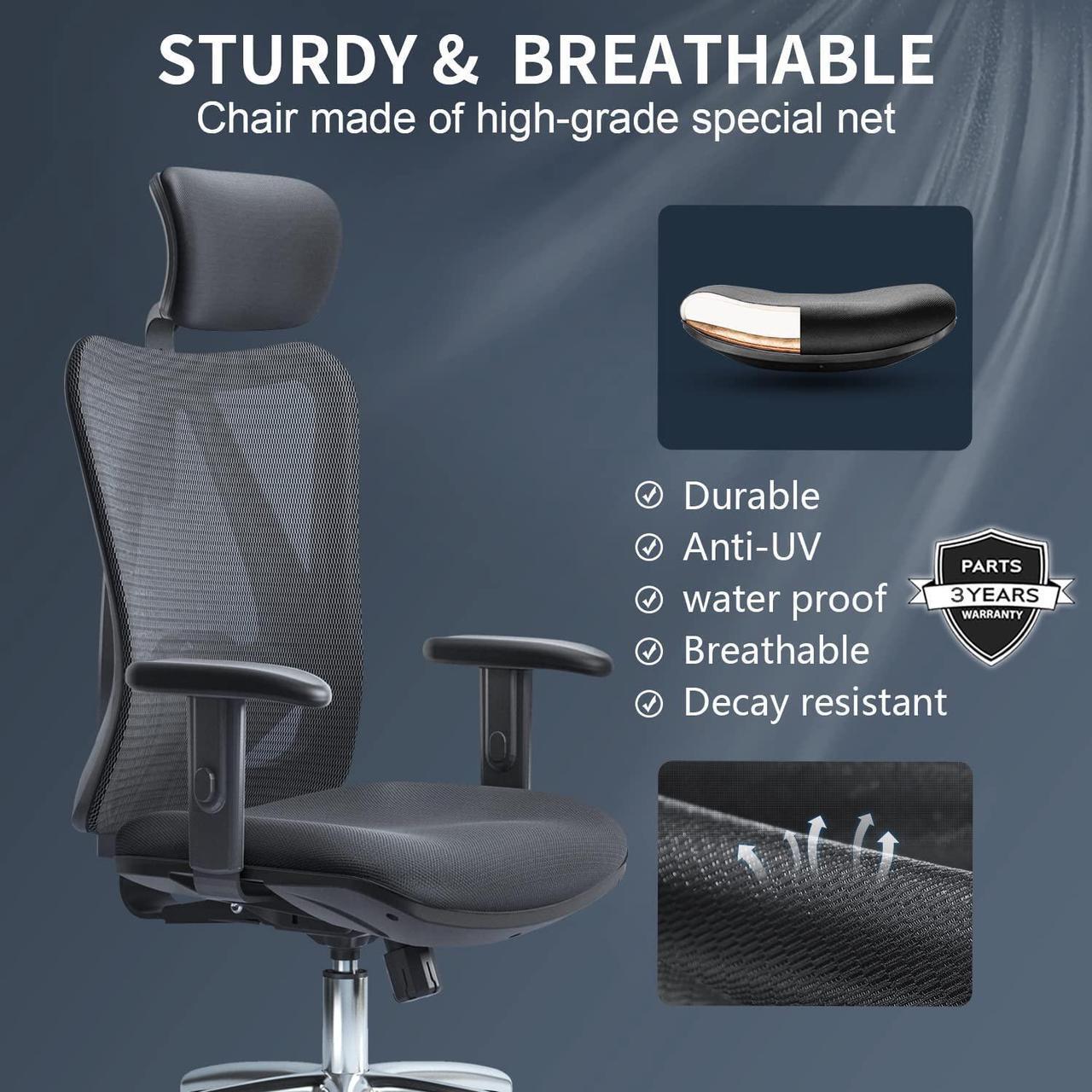 Alt view image 5 of 14 - SIHOO High-Back Mesh Office Chair with Lumbar Support, Ergonomic Chair for Desk, Breathable Mesh Adjustable Headrests for Home Office, Black