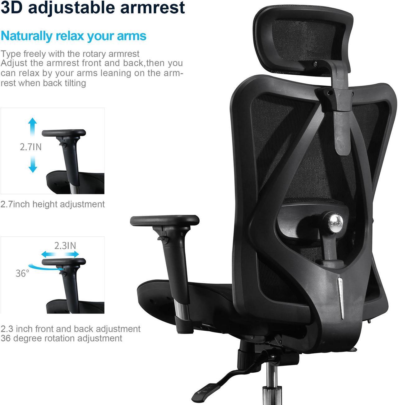 Alt view image 7 of 14 - SIHOO High-Back Ergonomic Office Chair, Mesh Desk Chair with Adjustable 3D Armrest, Lumbar Support and Headrest, for Home & Office, Black