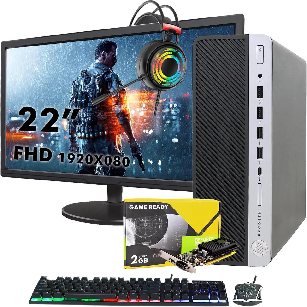 Main image of HP ProDesk 600 G3 SFF Desktop - New 22-inch FHD Monitor, Intel Core i7-6th Gen, 16GB RAM, 512GB SSD, GT 1030, Win 10 Pro, Gaming Headset - Gaming PC