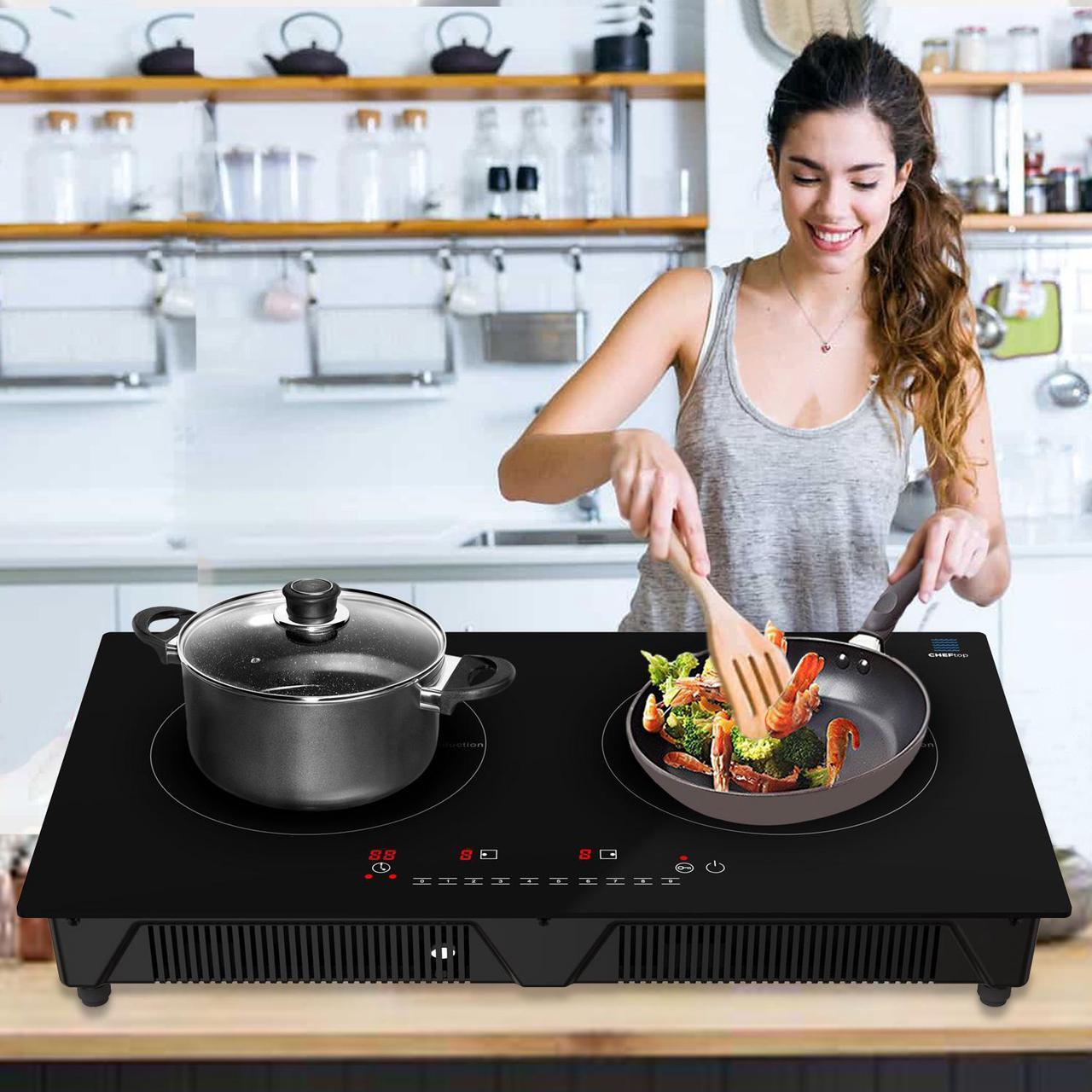 Alt view image 5 of 7 - Cheftop Induction 2 Burner Cooktop - Portable 120V Digital Ceramic Top 2 Burner Electric Cooktop with Kids Safety Lock - Works with Flat Cast Iron Pan,1800 Watt, Touch Sensor Control, Multiple Control