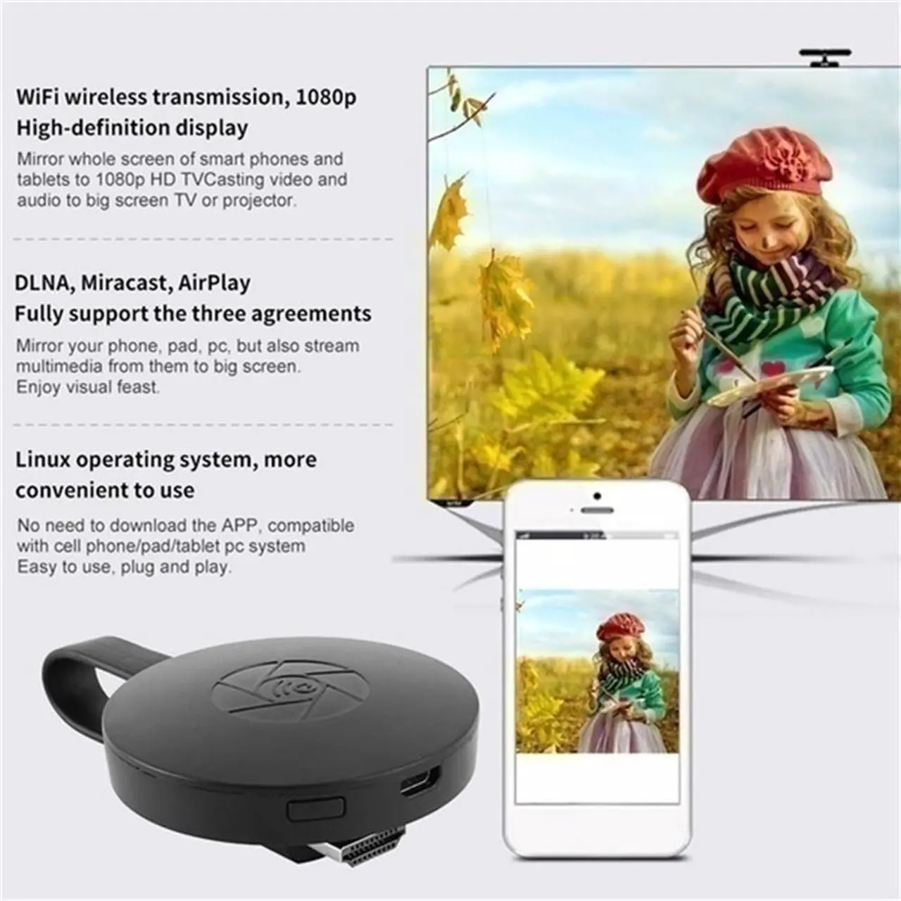 Alt view image 7 of 7 - WiFi Wireless Display Dongle for Wireless HDMI Adapter Portable TV Receiver Airplay Dongle Mirroring Screen from Phone to Big Screen Miracast Support  480P
