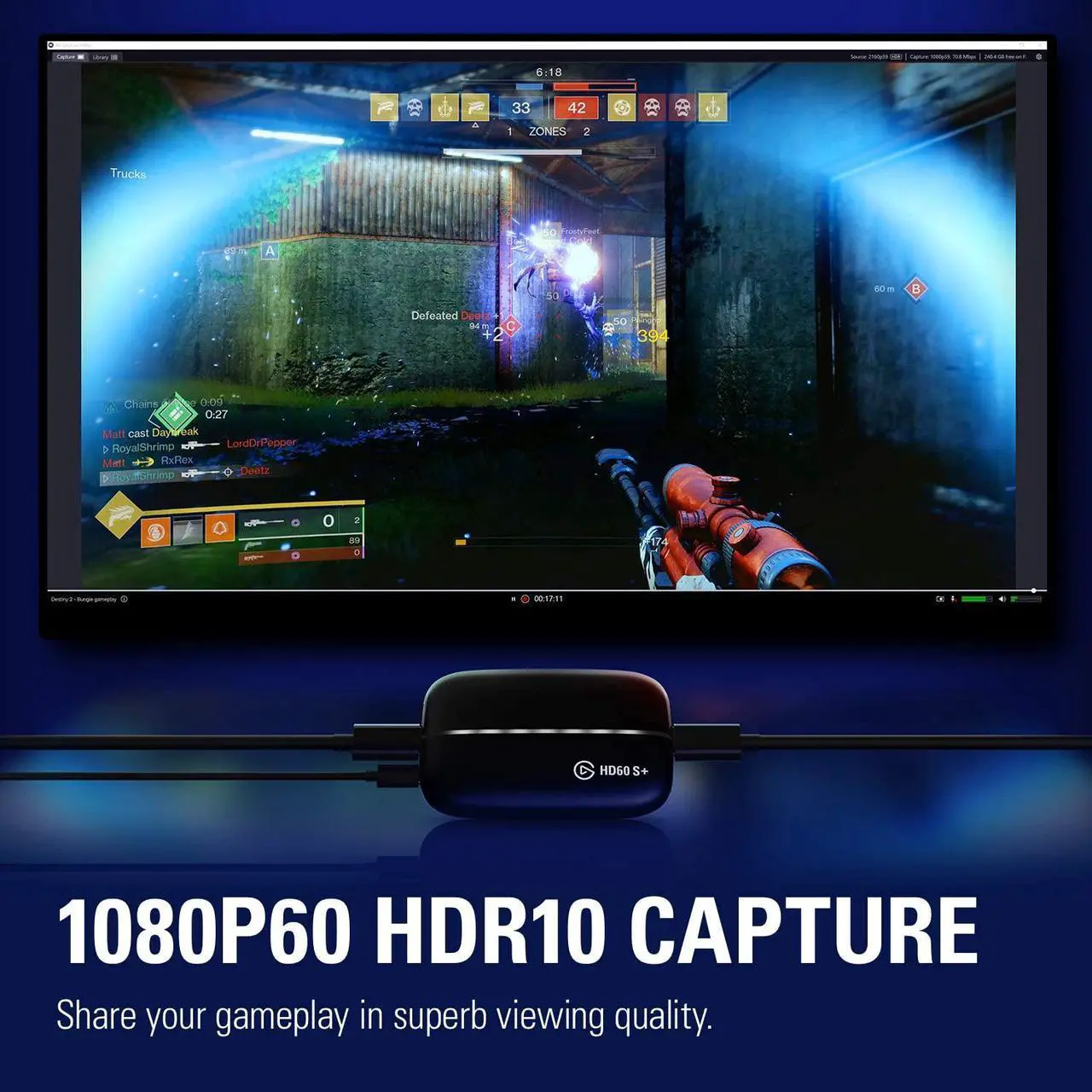 Alt view image 5 of 20 - Elgato HD60 S+, External Capture Card, Stream and Record in 1080p60 HDR10 or 4K60 HDR10 with ultra-low latency on PS5, PS4/Pro, Xbox Series X/S, Xbox One X/S, in OBS and more, works with PC and Mac