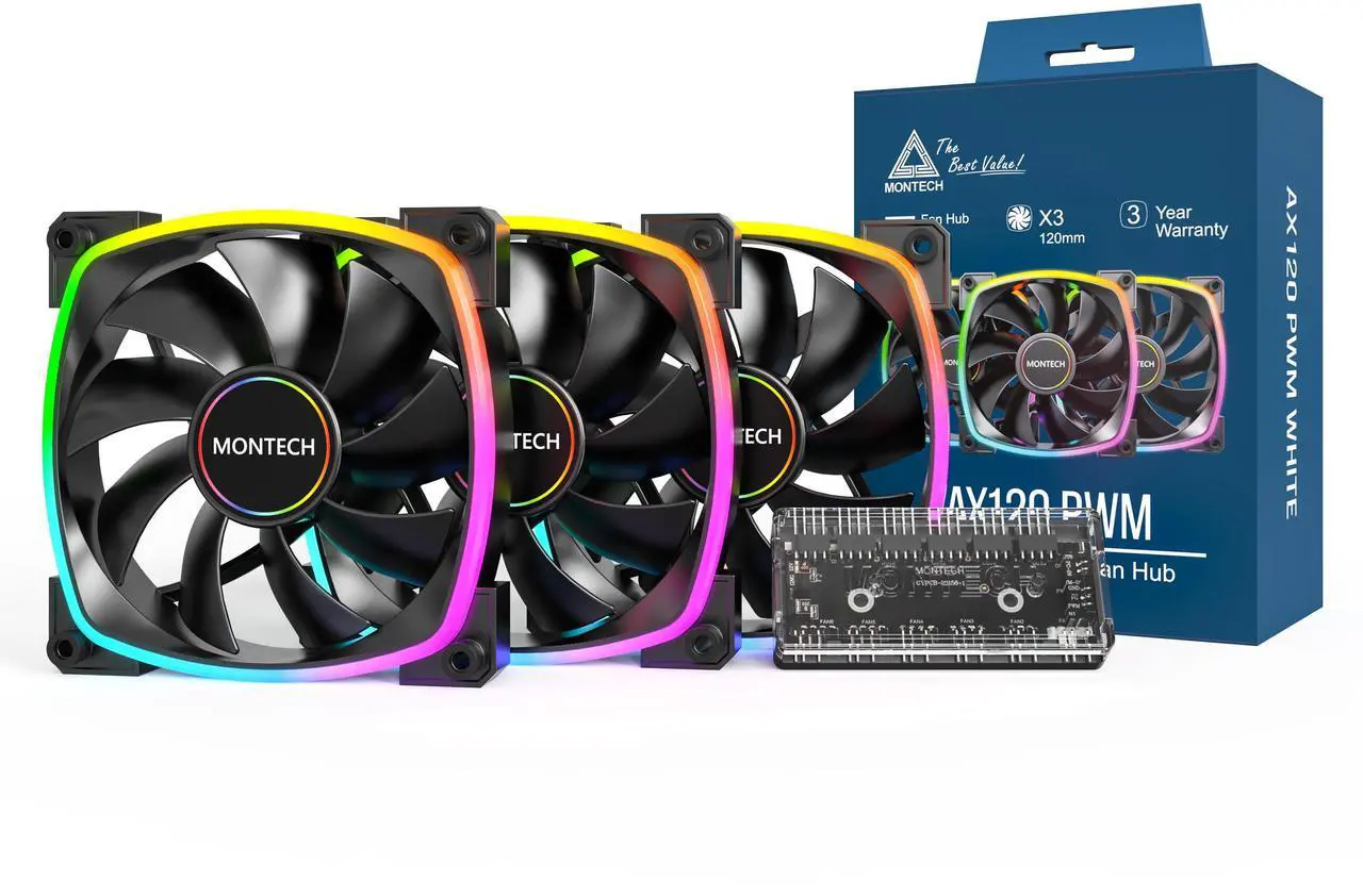 Main image of MONTECH AX 120MM - PWM Fan - Silent Performance - High Speed 1600PWM - High-End Durability with HDB Bearing - Stunning Outer Ring ARGB Lighting Design  3 in 1 Pack with 6X6 Fan Hub - Black