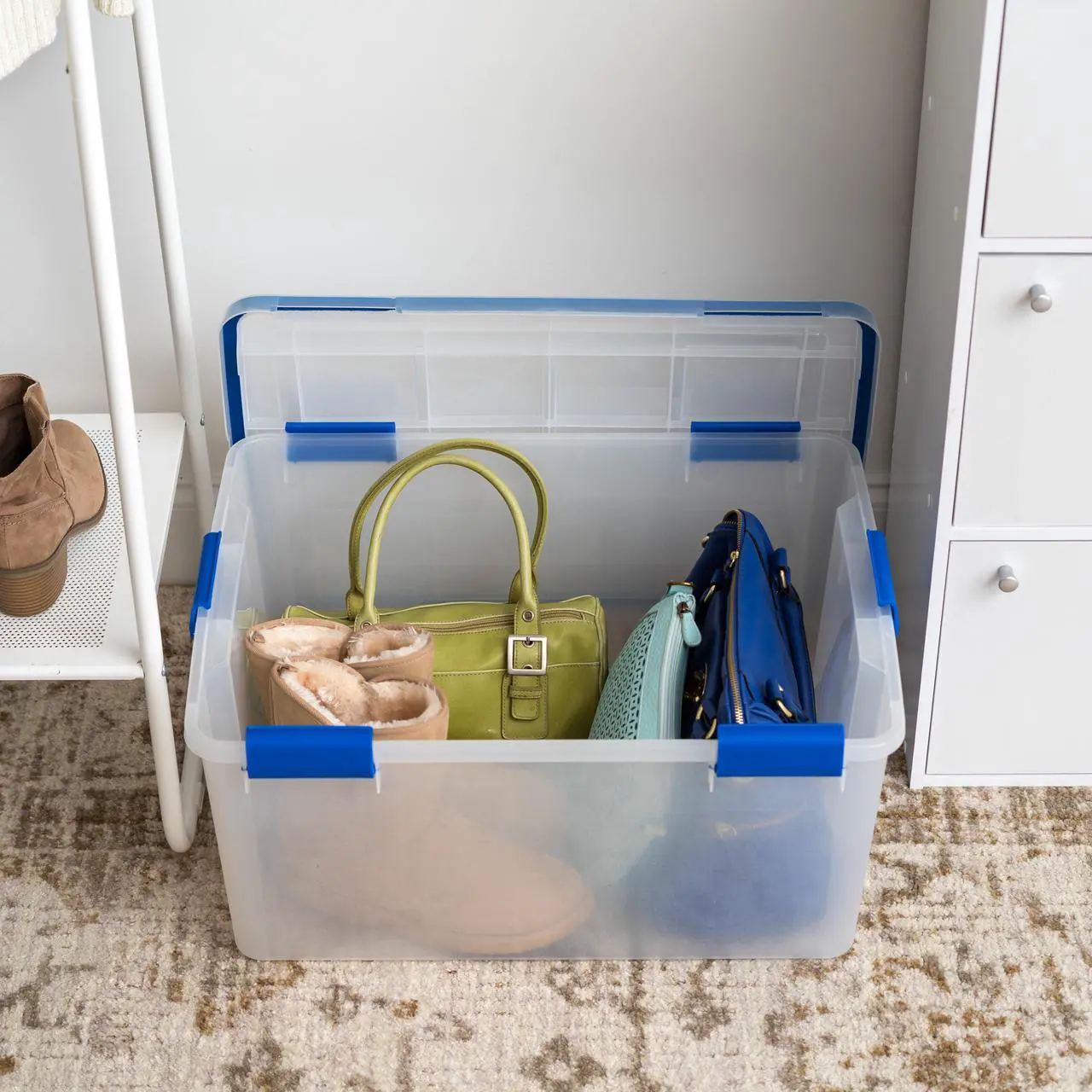 Alt view image 4 of 4 - IRIS USA 60 Qt Storage Box with Gasket Seal Lid, 3 Pack - BPA-Free, Made in USA - Heavy Duty Moving Containers with Tight Latch, Weather Proof Tote Bin, WEATHERPRO - Clear/Blue