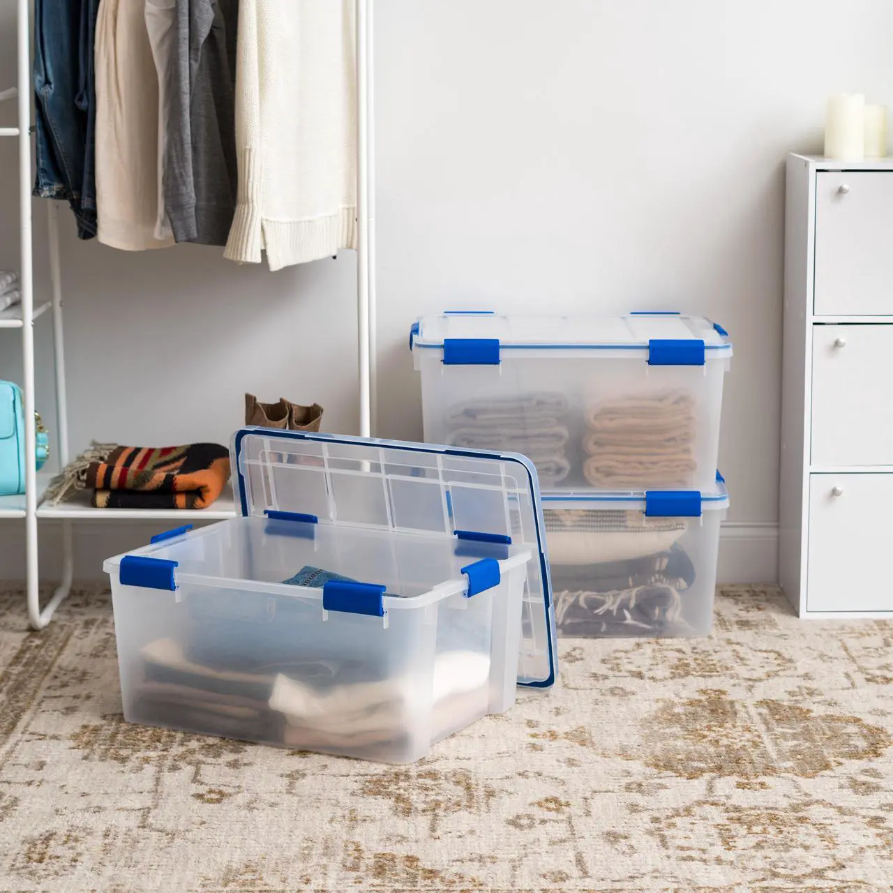 Alt view image 3 of 4 - IRIS USA 60 Qt Storage Box with Gasket Seal Lid, 3 Pack - BPA-Free, Made in USA - Heavy Duty Moving Containers with Tight Latch, Weather Proof Tote Bin, WEATHERPRO - Clear/Blue