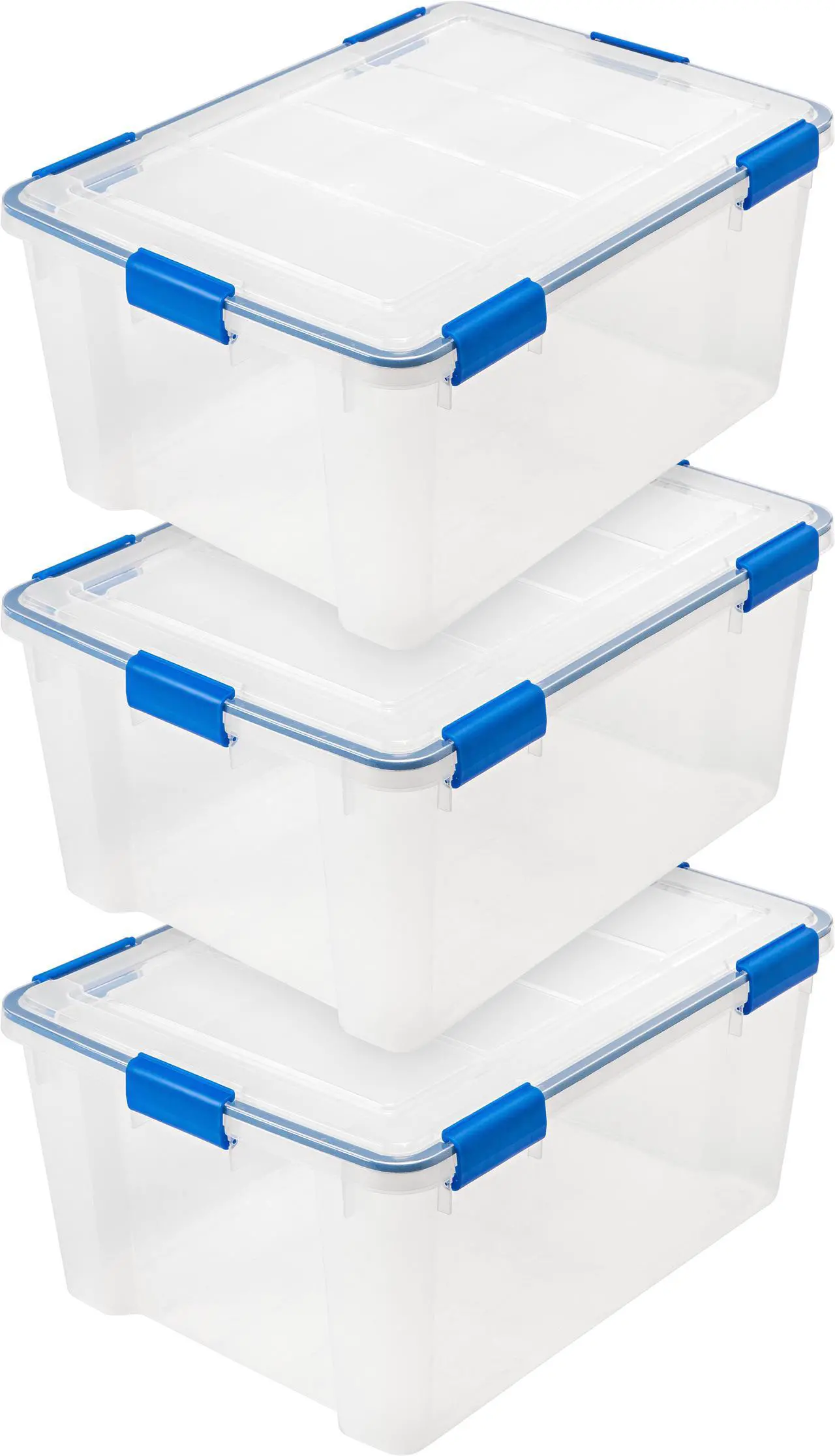 Main image of IRIS USA 60 Qt Storage Box with Gasket Seal Lid, 3 Pack - BPA-Free, Made in USA - Heavy Duty Moving Containers with Tight Latch, Weather Proof Tote Bin, WEATHERPRO - Clear/Blue