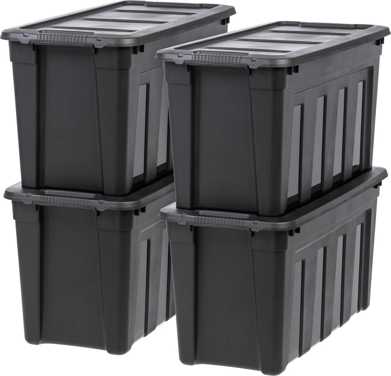 Main image of IRIS USA 31 Gallon Utility Totes with Easy-Grip Handles, 4 Pack - Black, Heavy-Duty Durable Stackable Storage Containers, Large Garage Organizing Bins Moving Tubs, Rugged Sturdy Camping Equipment
