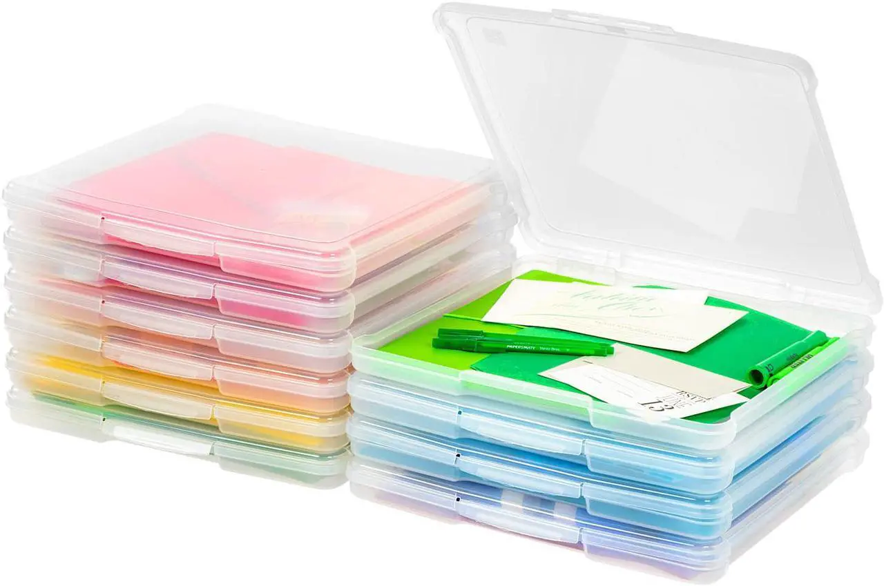 Main image of IRIS USA Fits 12" x 12" Paper, Thin Portable Plastic Scrapbook Paper Board Game Storage Organizer Cases with Built-in Handle for Art Craft Supplies Office Document Stationery Photo, Clear, 10-Pack