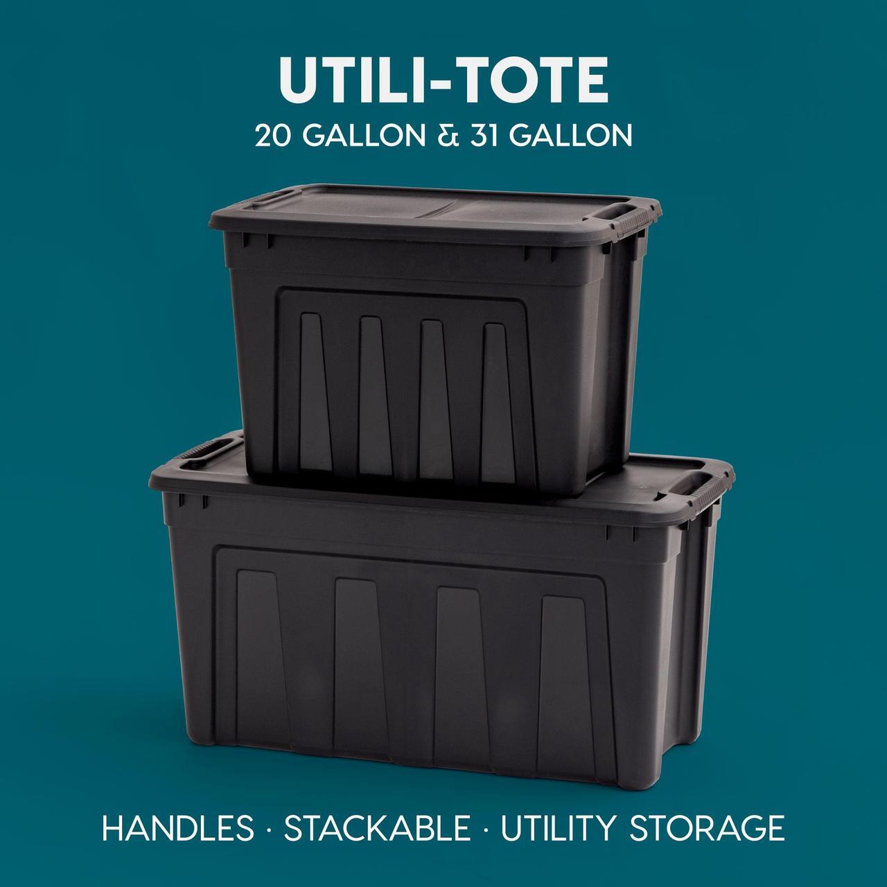 Alt view image 4 of 4 - IRIS USA 20 Gallon Utility Totes with Easy-Grip Handles, 4 Pack - Black, Heavy-Duty Durable Stackable Storage Containers, Large Garage Organizing Bins Moving Tubs, Rugged Sturdy Camping Equipment