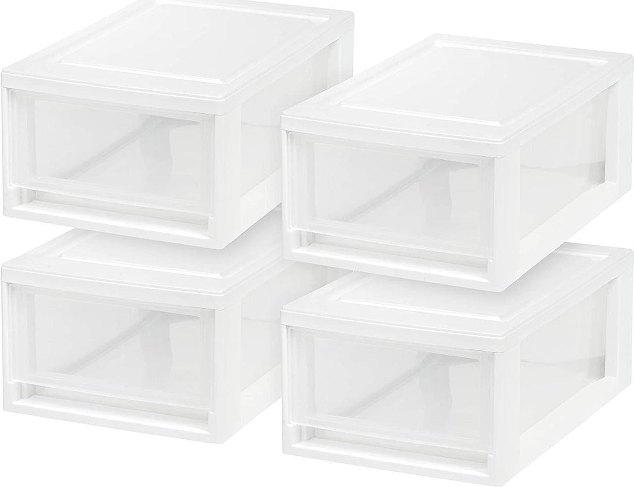 Main image of IRIS USA 6 Qt. Small Plastic Stacking Drawer, 4 Pack, Stackable Storage Organizer Unit with Sliding Drawer for Bedroom Kitchen Under Sink Pantry Craft Room Dorm Office, White