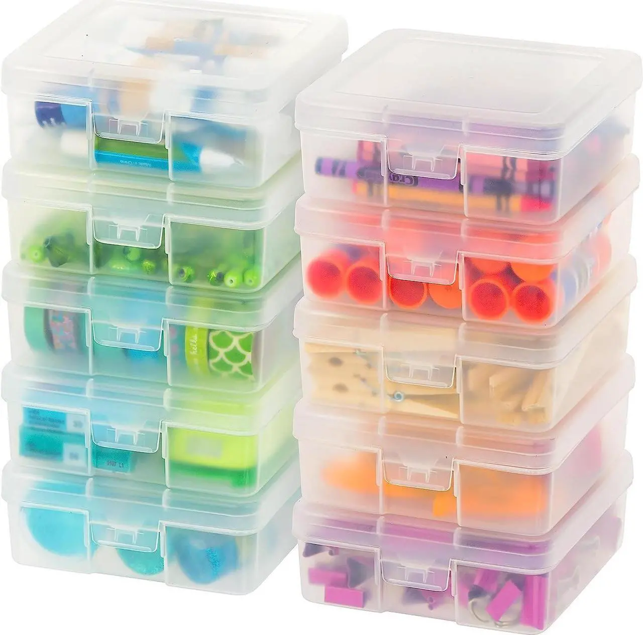 Main image of IRIS USA 10 Pack Small Plastic Hobby Art Craft Supply Organizer Storage Containers with Latching Lid, for Pencil Case, Crayon, Ribbons, Wahi Tape, Beads, Sticker, Yarn, Ornaments, Stackable, Clear