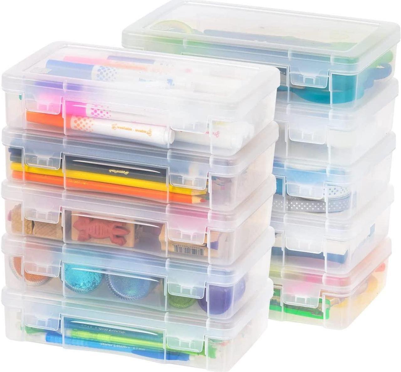 Main image of IRIS USA 10 Pack Plastic Hobby Art Craft Supply Organizer Storage Containers with Latching Lid, for Pens & Pencil Case, Ribbons, Wahi Tape, Beads, Sticker, Yarn, Ornaments, Stackable, Clear, Medium