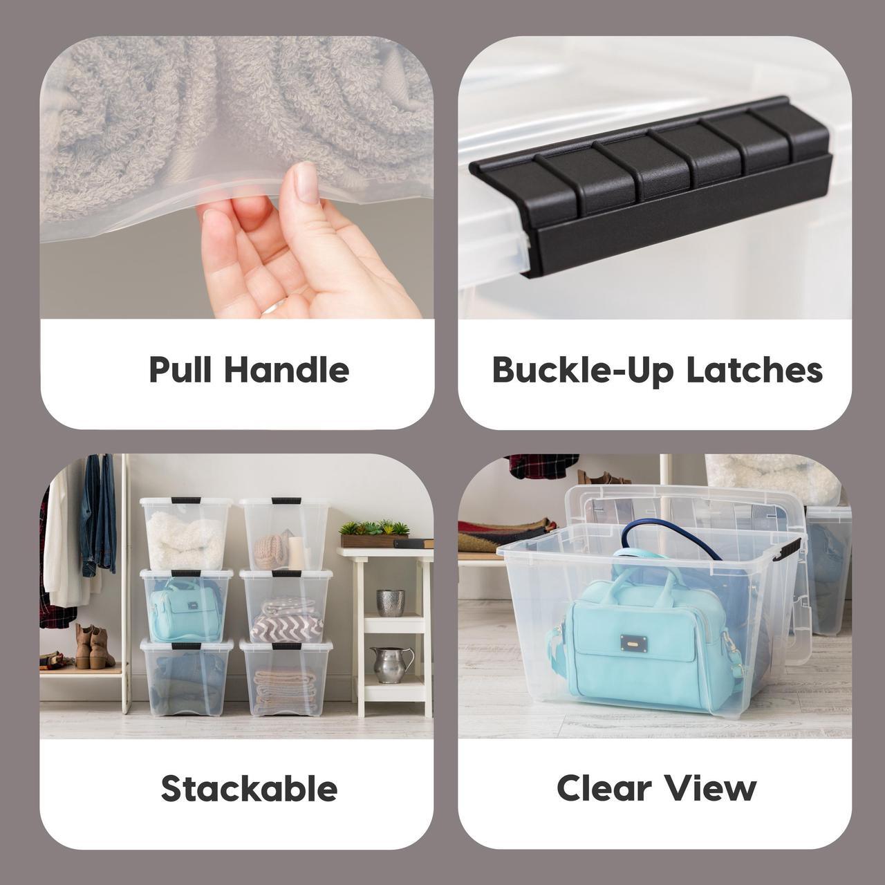 Alt view image 2 of 4 - IRIS USA 54 Qt Stackable Plastic Storage Bins with Lids, 6 Pack - BPA-Free, Made in USA - See-Through Organizing Solution, Latches, Durable Nestable Containers, Secure Pull Handle - Clear