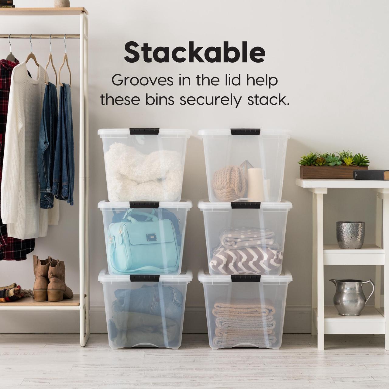 Alt view image 4 of 4 - IRIS USA 54 Qt Stackable Plastic Storage Bins with Lids, 6 Pack - BPA-Free, Made in USA - See-Through Organizing Solution, Latches, Durable Nestable Containers, Secure Pull Handle - Clear