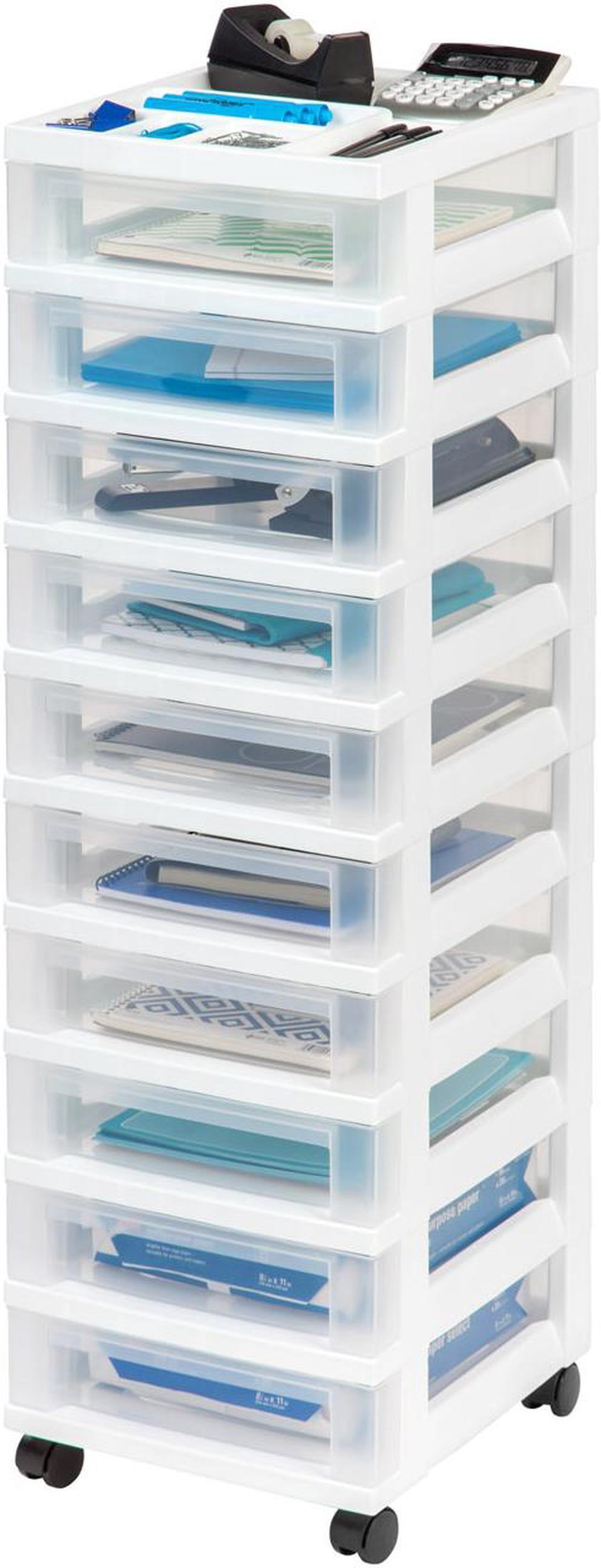 Main image of IRIS USA Craft Plastic Organizers and Storage, Rolling Storage Cart for Classroom Supplies, Storage Organizer for Art Supplies, Drawer Top Organizer for Small Parts, 10 Drawers, White/Clear