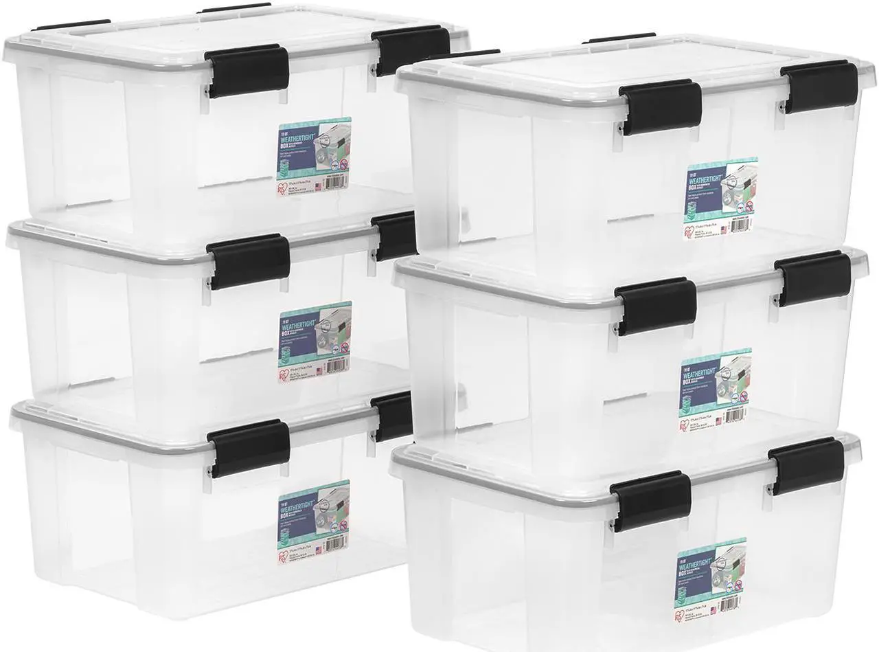 Main image of IRIS USA 19 Qt Storage Box with Gasket Seal Lid, 6 Pack, Made in USA - Heavy Duty Moving Containers with Tight Latch, Weather Proof Tote Bin, WEATHERPRO - Clear/Black
