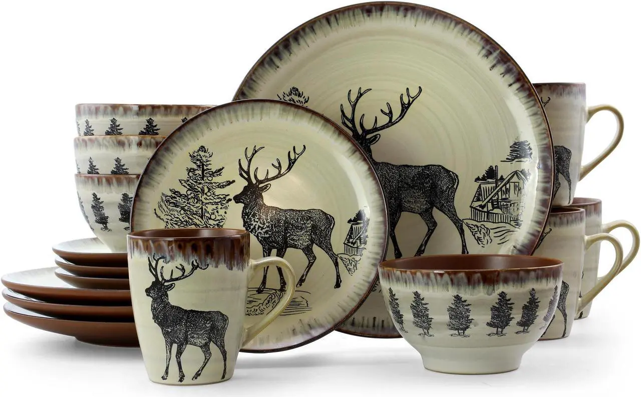 Main image of Elama Majestic Elk 16 Piece Luxurious Stoneware Dinnerware with Complete Setting for 4