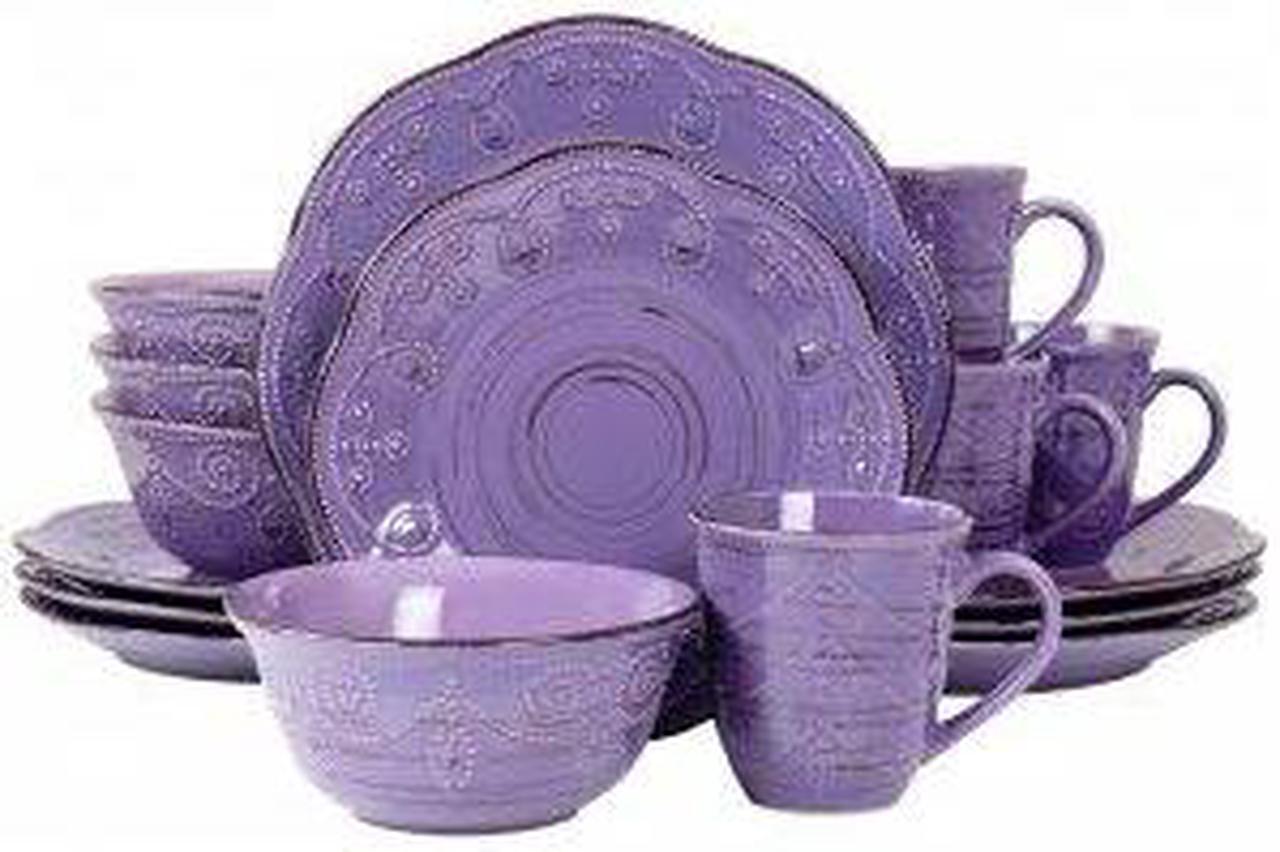 Alt view image 9 of 9 - Elama Rustic Birch 16 Piece Stoneware Dinnerware Set in Purple