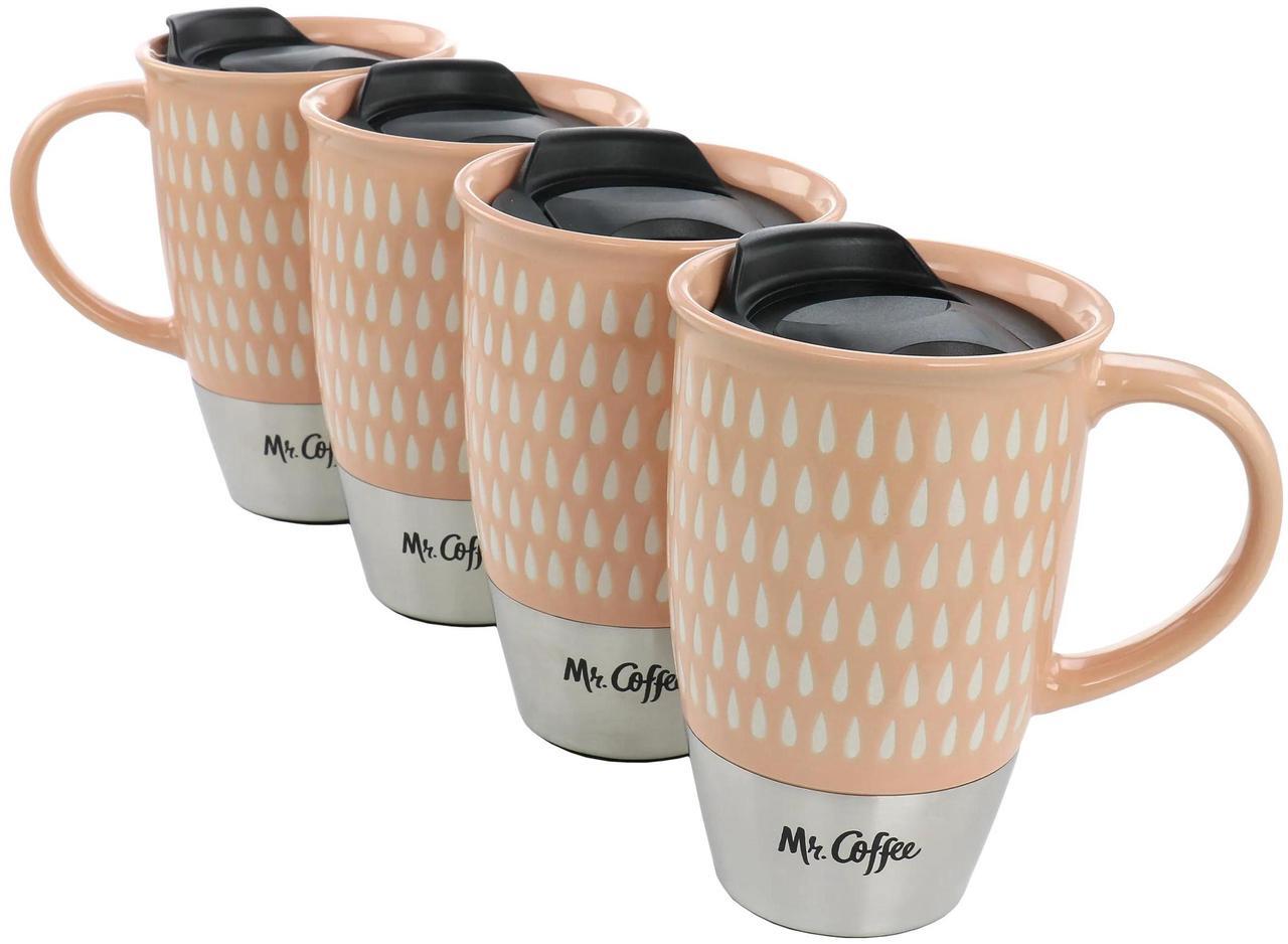 Alt view image 6 of 6 - Mr. Coffee Coupleton Teardrop 4 Piece 15 Ounce Stoneware and Stainless Steel Travel Mug Set with Lid in Peach