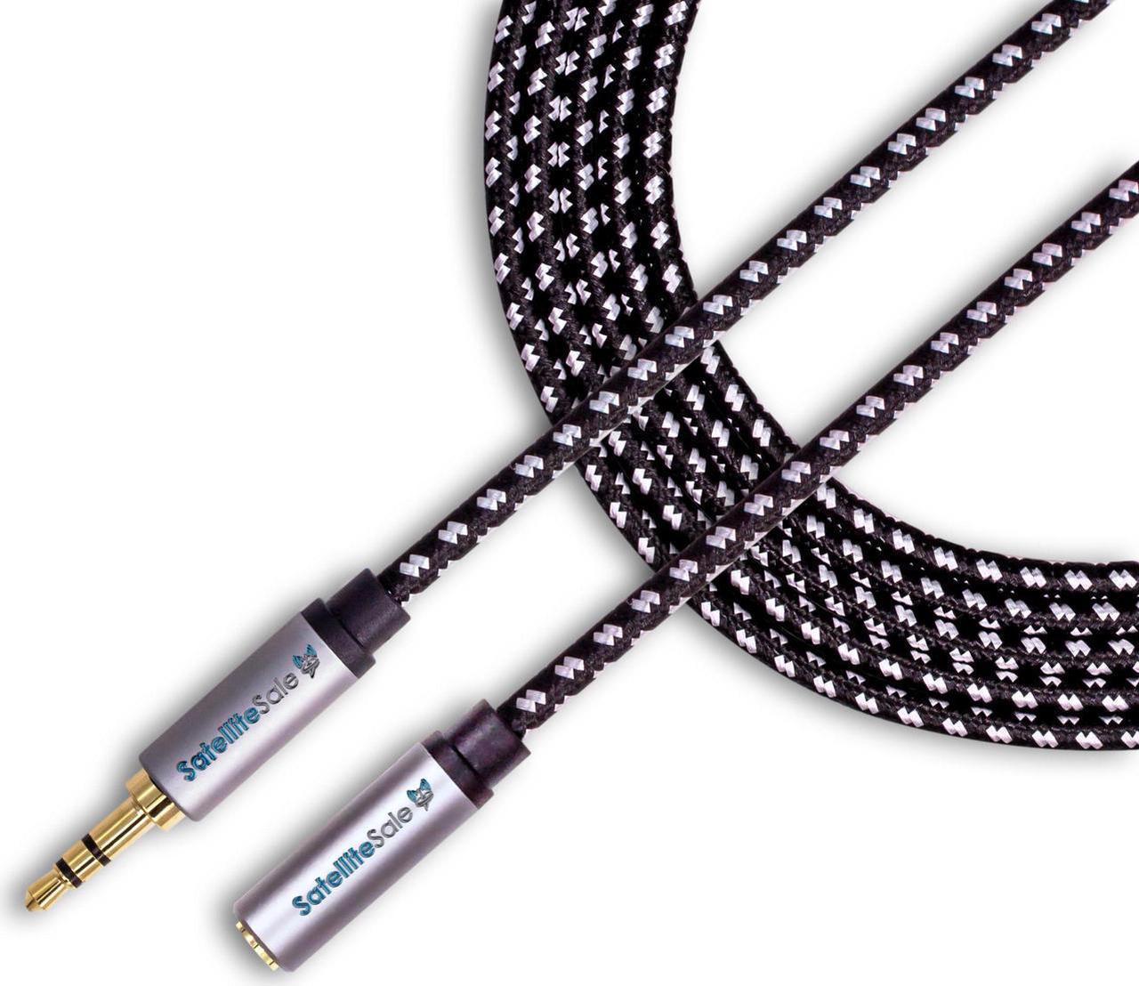 SatelliteSale Auxiliary 3.5mm Audio Jack Male to Female Digital Stereo Aux Extension Cable Universal Wire Black/White Nylon Cord 10 feet