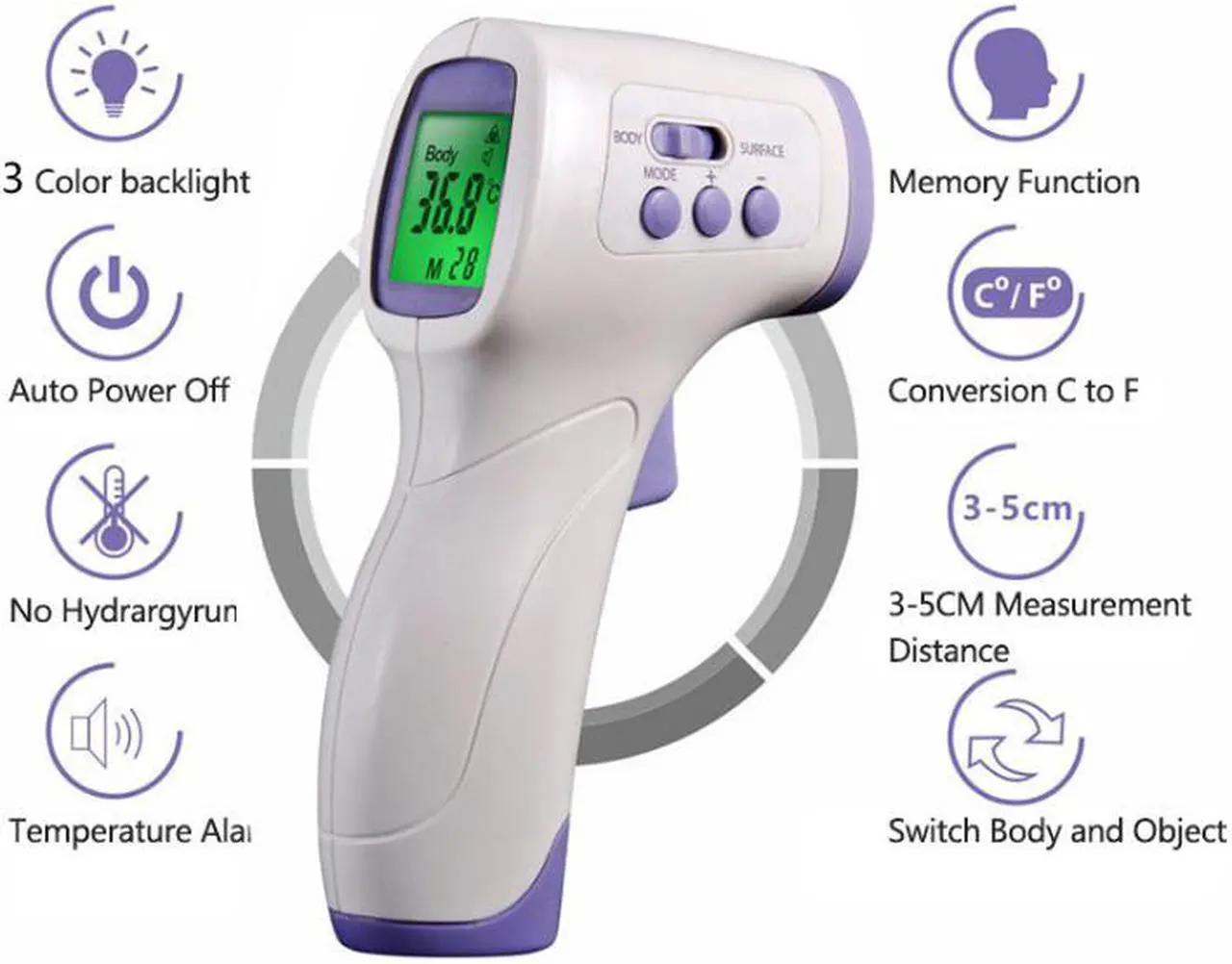 Alt view image 3 of 7 - Multi-function Infrared Forehead Body Thermometer Adult Baby Digital Thermometer Gun Fever Non-contact Body Temperature Measurement Meter 3 Colors Backlight Fever Meter