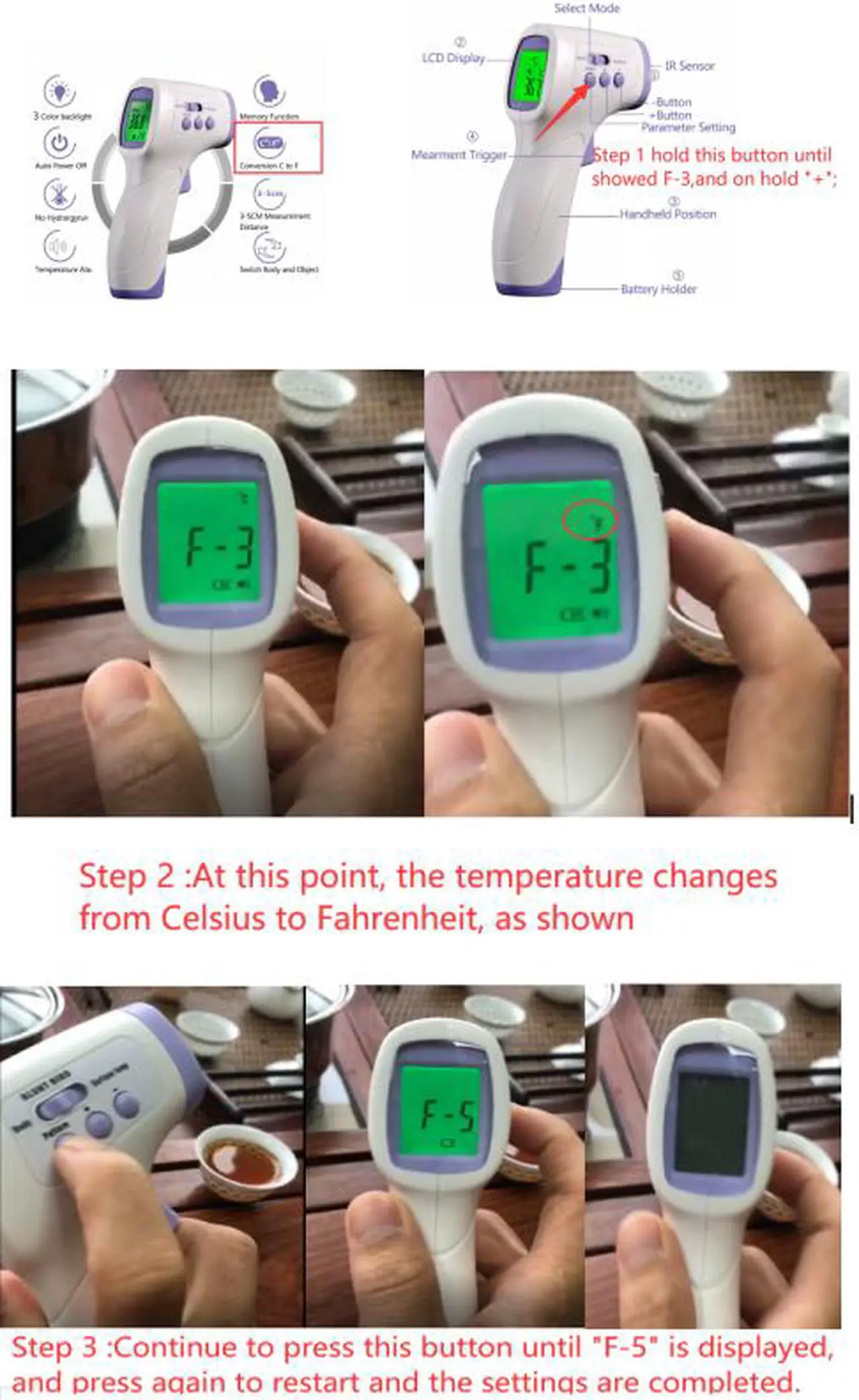 Alt view image 7 of 7 - Multi-function Infrared Forehead Body Thermometer Adult Baby Digital Thermometer Gun Fever Non-contact Body Temperature Measurement Meter 3 Colors Backlight Fever Meter