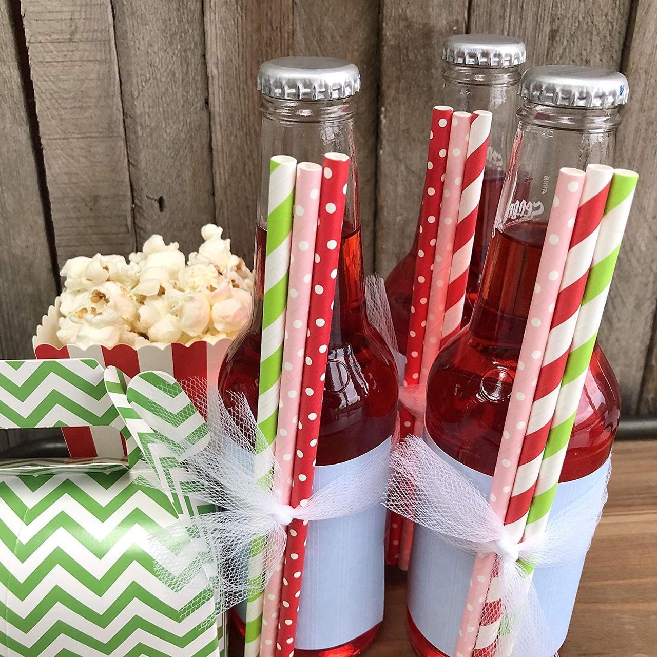 Alt view image 7 of 7 - Outside the Box Papers Strawberry Shortcake Theme Polka Dot and Striped Paper Straws 7.75 Inches 100 Pack Red, Pink, Lime Green, White