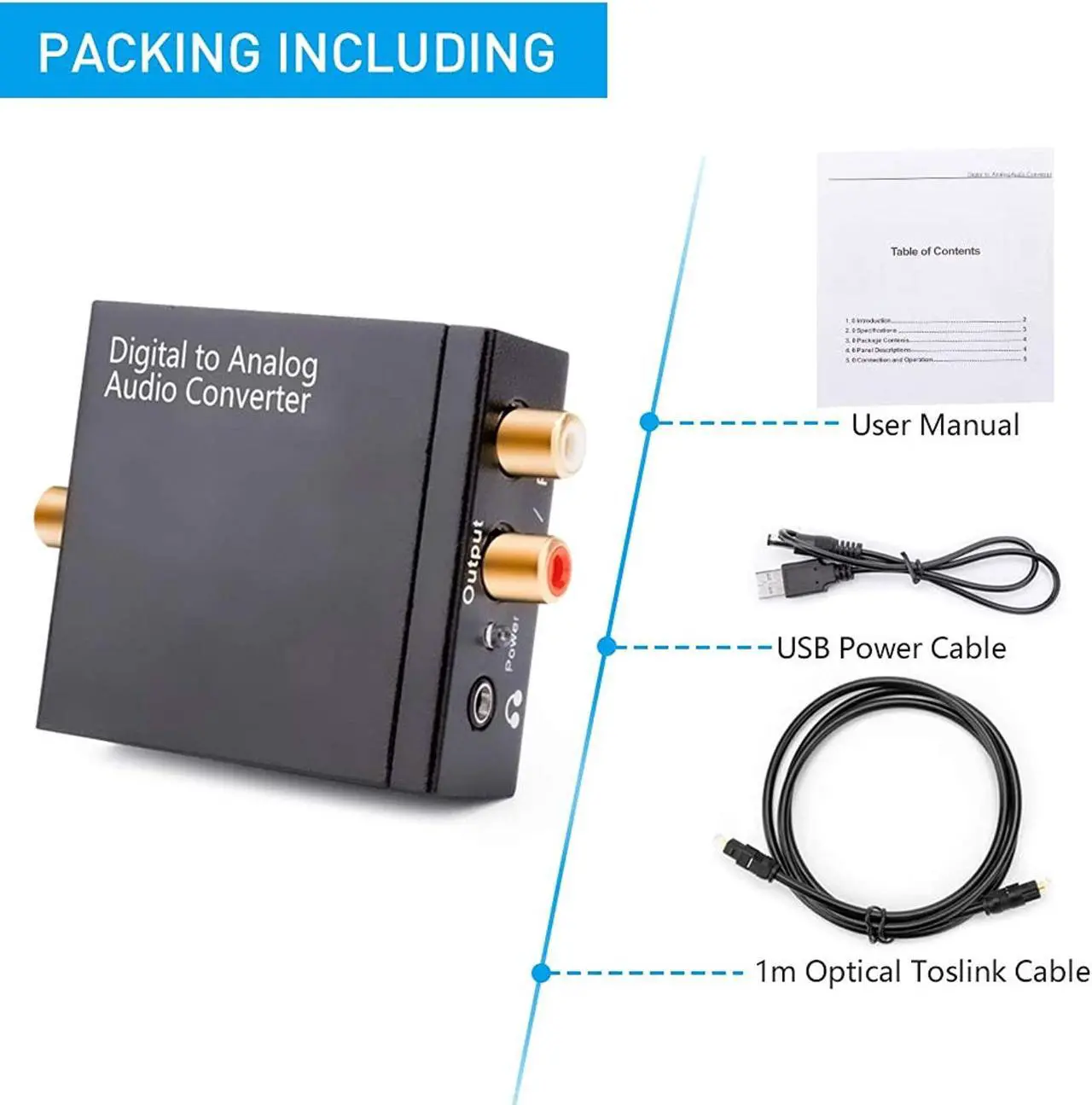 Alt view image 5 of 7 - Digital to Audio Converter Digital Optical Toslink Coaxial Inputs to RCA Audio Adapter and AUX 3.5mm Headphone Outputs Optical Toslink Cable Included