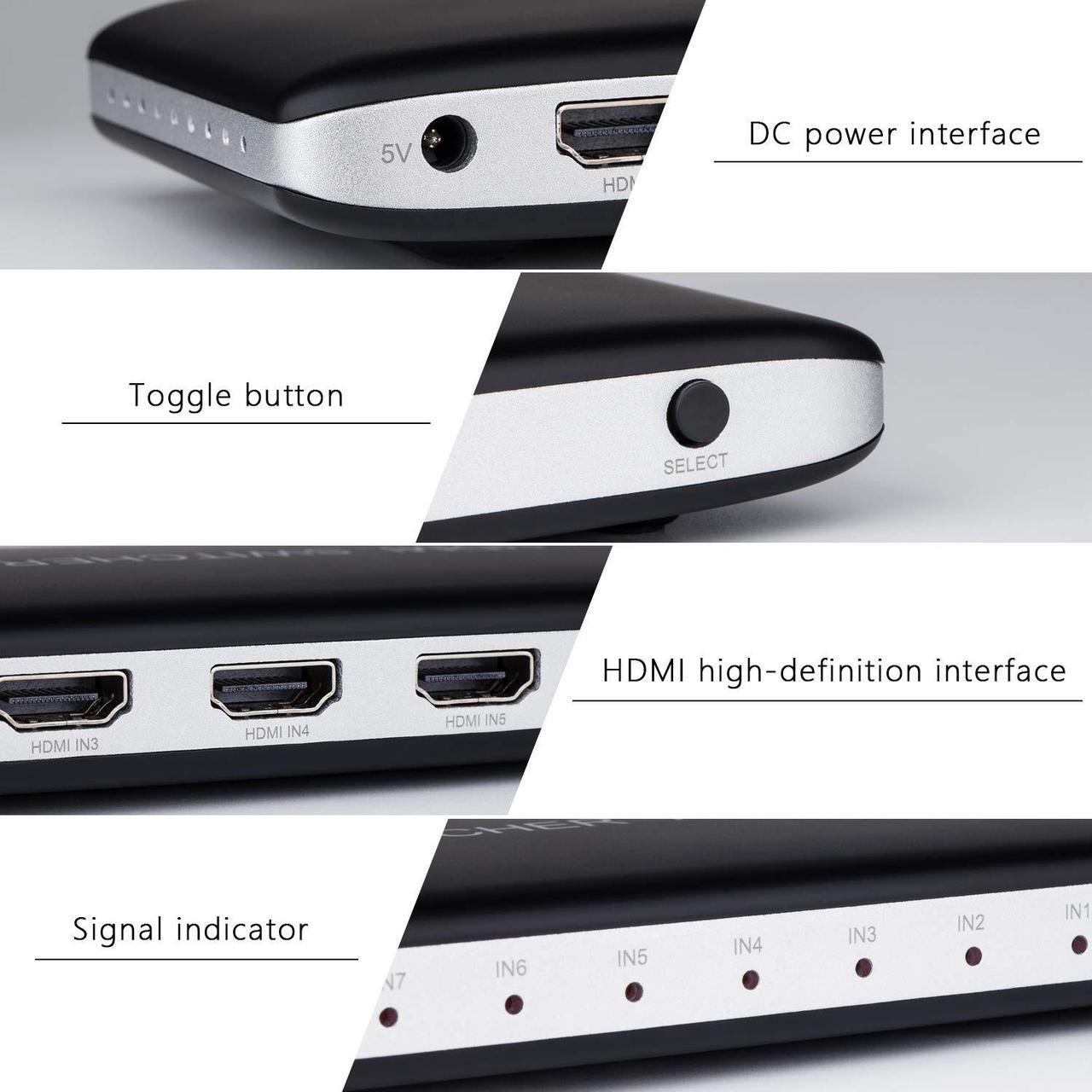 Alt view image 4 of 6 - Univivi 7 Port HDMI 2.0 Switch 4K@60Hz HDMI Switcher Support HDR & HDCP 2.2,Full HD/3D with IR Wireless Remote Control and Power Adapter