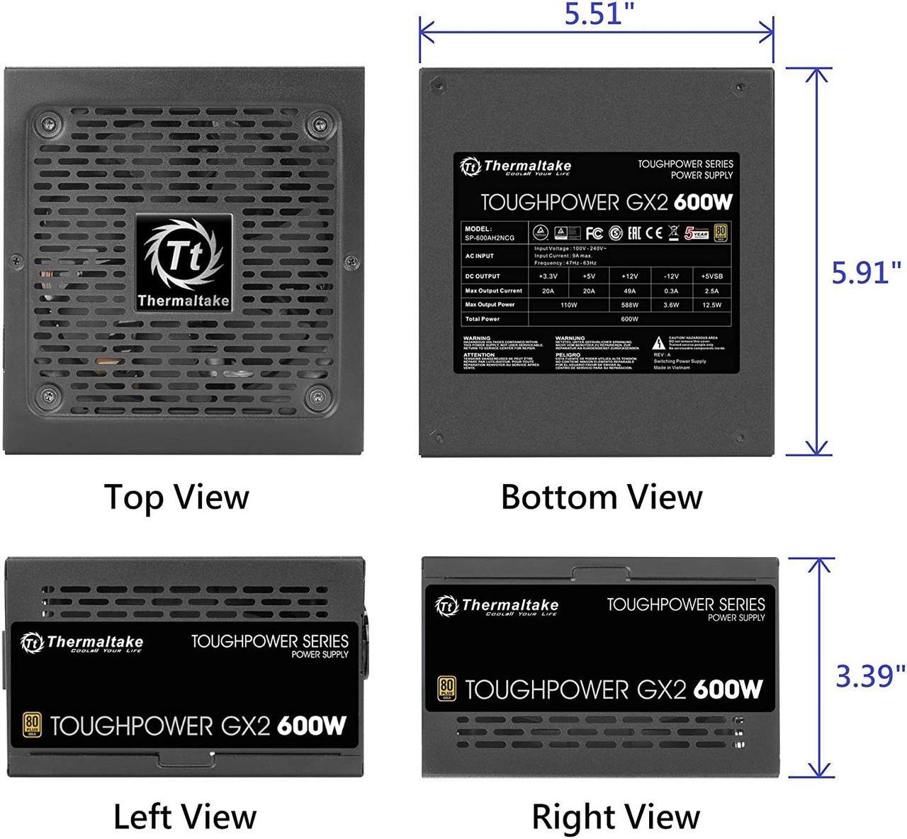 Alt view image 6 of 7 - Thermaltake Toughpower GX2 80+ Gold 600W SLI/Crossfire Ready Continuous Power ATX 12V V2.4/EPS V2.92 Non Modular Power Supply 5 Year PS-TPD-0600NNFAGU-2