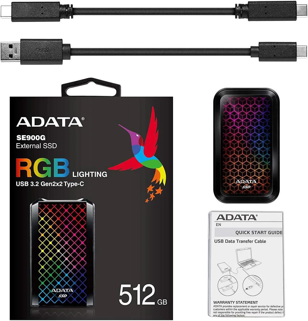 Alt view image 4 of 20 - ADATA RGB SE900 512GB USB3.2 Gen2x2 Type-C Super Fast Transfer up to 2000/MB/s Gaming and Personal External SSD (ASE900G-512GU32G2-CBK)