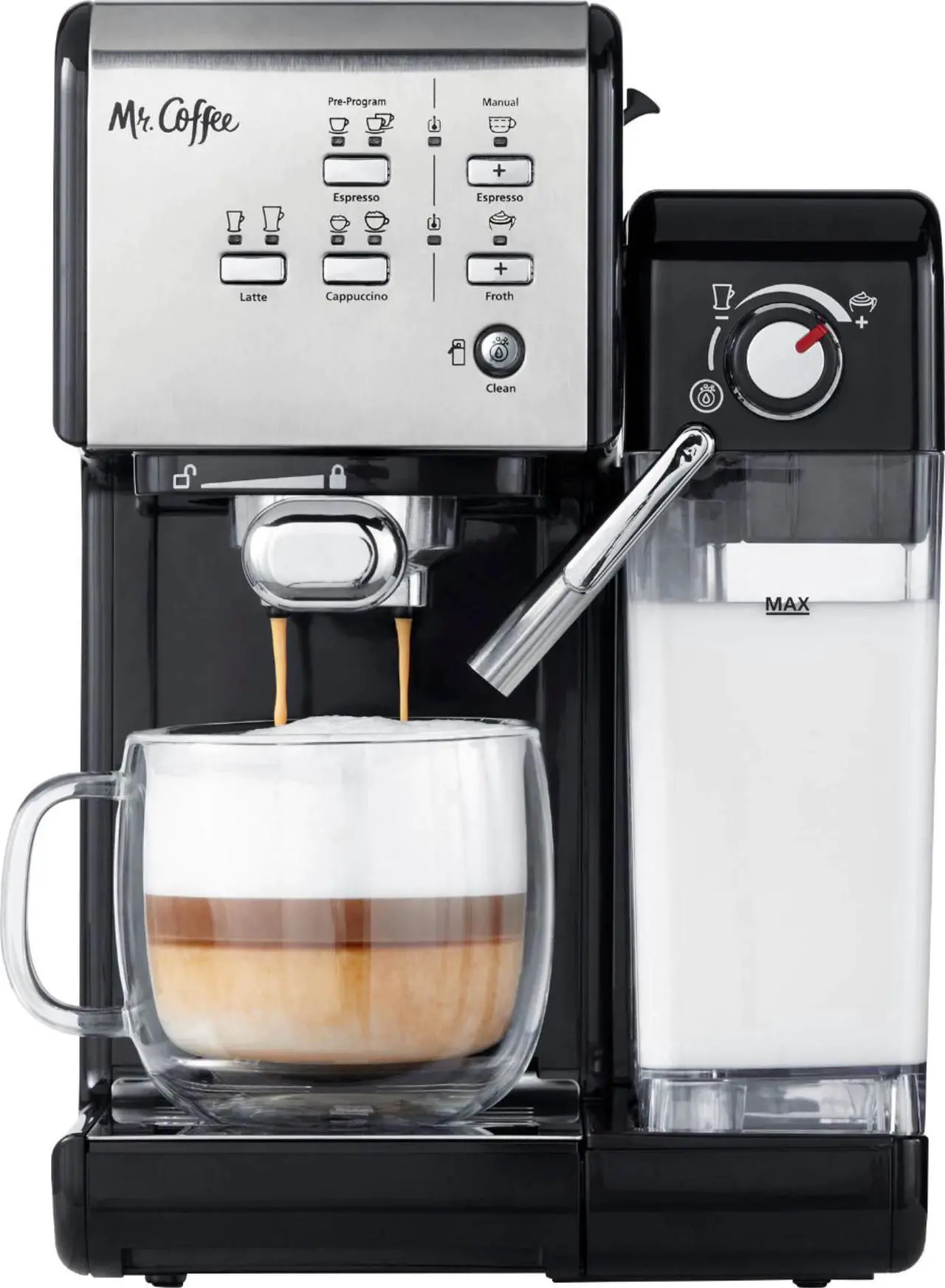 Alt view image 5 of 19 - Mr. Coffee Programmable Espresso & Cappuccino Machine with Automatic Milk Frother & 19-Bar Pump - Stainless Steel