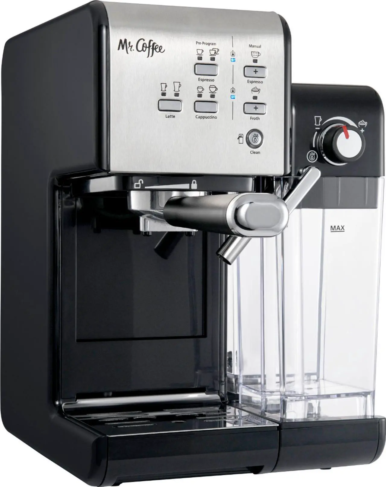 Alt view image 7 of 19 - Mr. Coffee Programmable Espresso & Cappuccino Machine with Automatic Milk Frother & 19-Bar Pump - Stainless Steel
