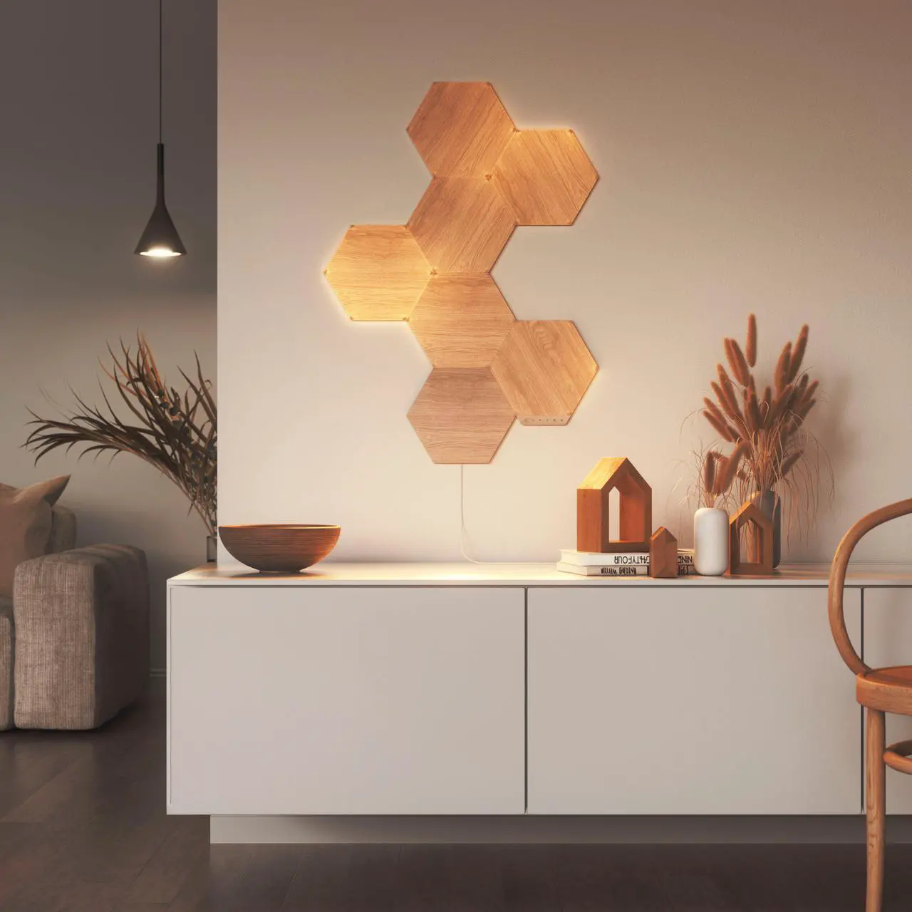 Alt view image 14 of 14 - nanoleaf NL527005HB7P Elements Wood Look Smarter Kit (7 panels)