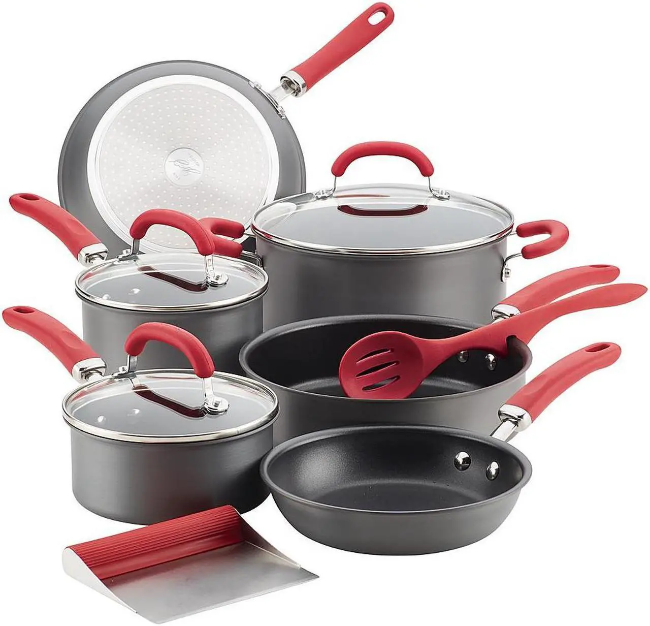 Rachael Ray Create Delicious Hard-Anodized Aluminum Nonstick Cookware Set, 11-Piece, Red Handles