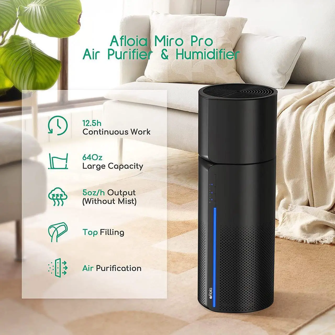 Alt view image 2 of 7 - Afloia HEPA Air Purifier with Humidifier, 3 Stage H13 Filters for Home Allergies Pets Hair Smoker Odors, Evaporative Humidifier, Auto Shut Off, Quiet Air Cleaner with Seven Color light, Black
