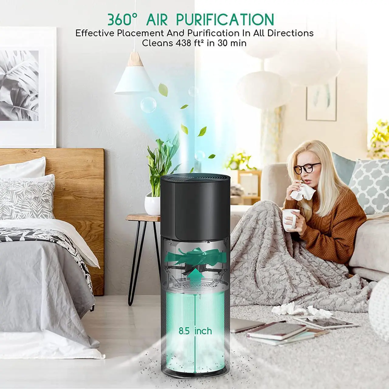 Alt view image 4 of 7 - Afloia HEPA Air Purifier with Humidifier, 3 Stage H13 Filters for Home Allergies Pets Hair Smoker Odors, Evaporative Humidifier, Auto Shut Off, Quiet Air Cleaner with Seven Color light, Black