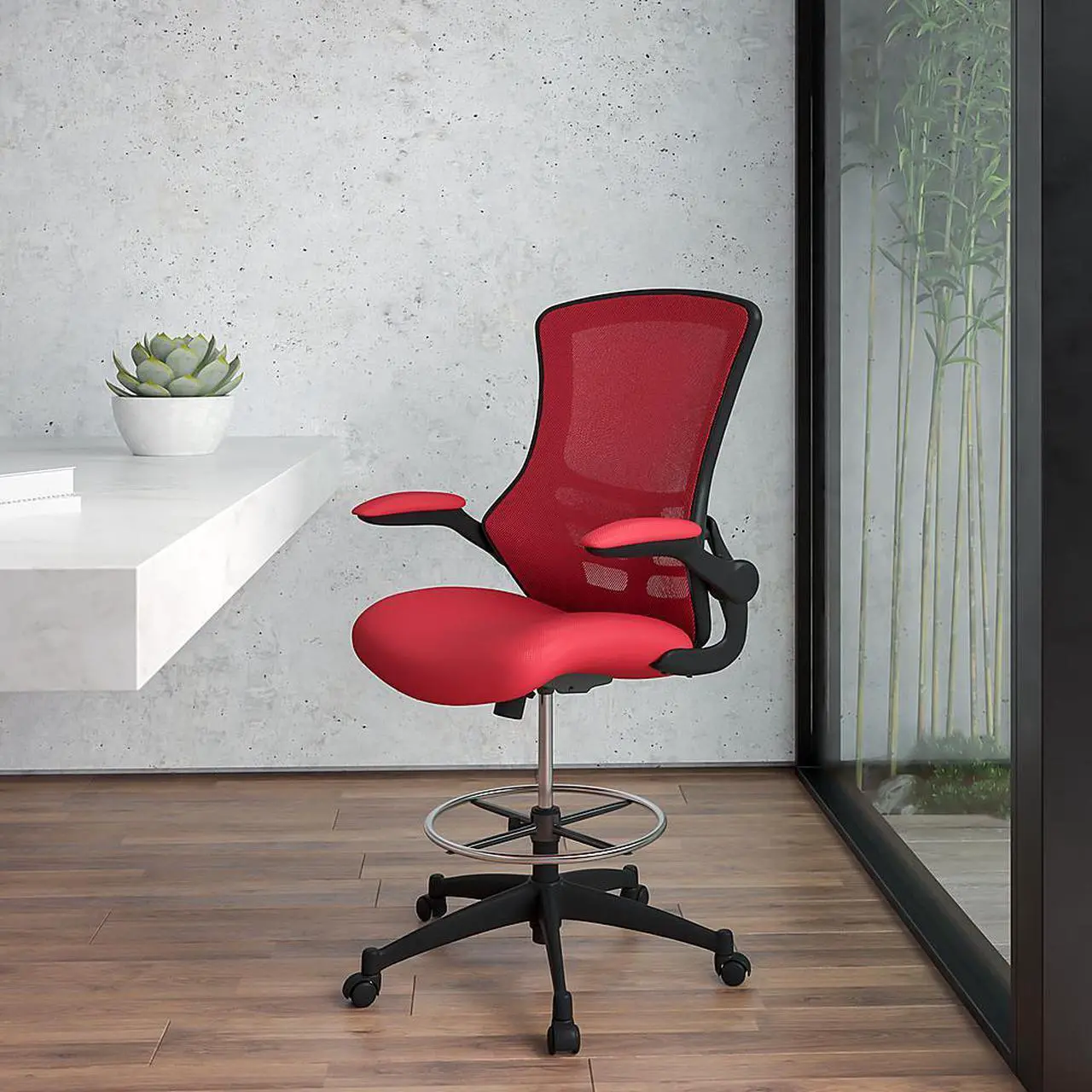 Alt view image 19 of 20 - Mid-Back Red Mesh Ergonomic Drafting Chair with Adjustable Foot Ring and Flip-Up Arms