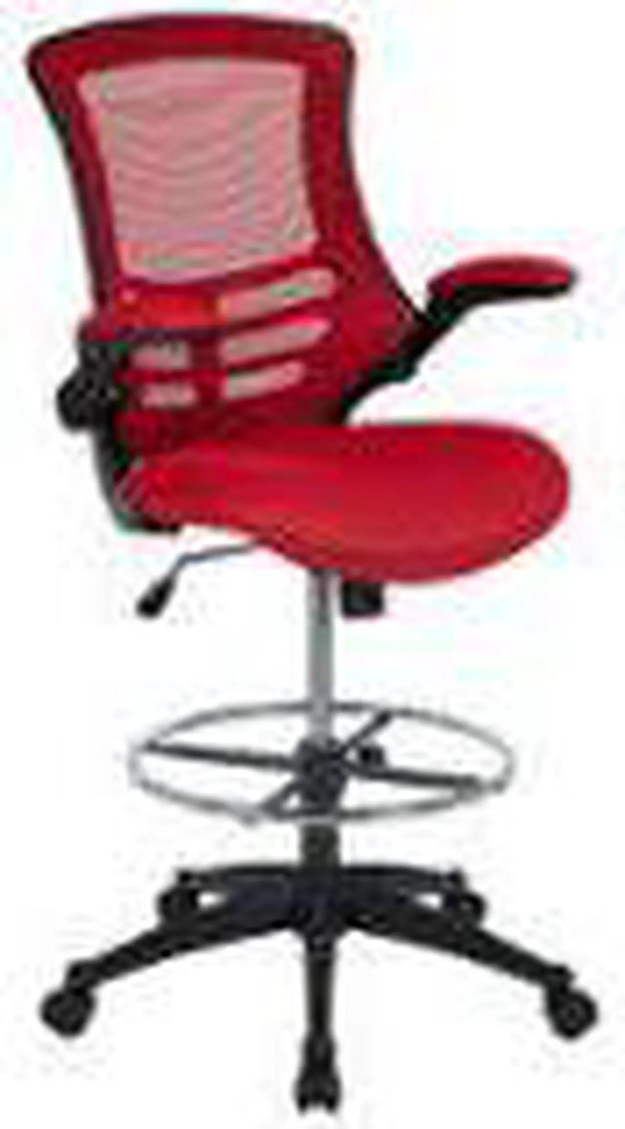 Alt view image 17 of 20 - Mid-Back Red Mesh Ergonomic Drafting Chair with Adjustable Foot Ring and Flip-Up Arms