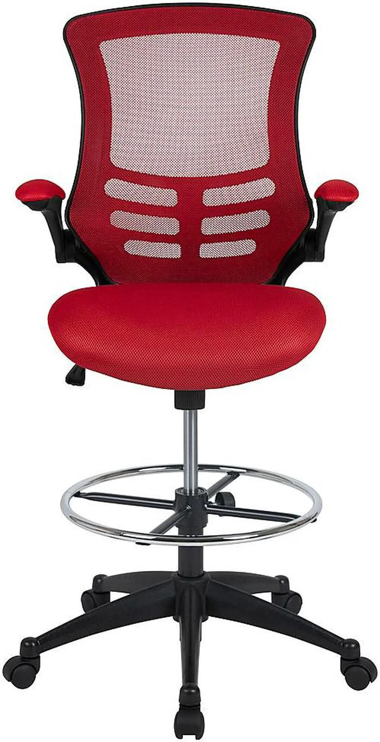 Alt view image 20 of 20 - Mid-Back Red Mesh Ergonomic Drafting Chair with Adjustable Foot Ring and Flip-Up Arms