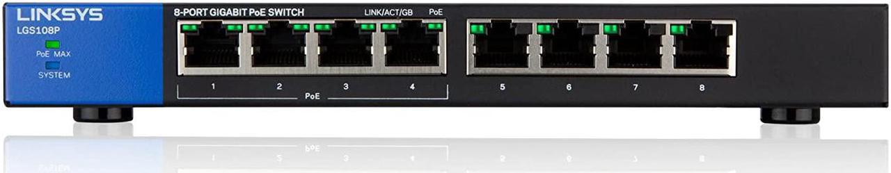 Linksys LGS108P: 8-Port Business Desktop Gigabit PoE+ Unmanaged Switch, Ethernet Plus, Local Wired Network Connection Speed up to 1,000 Mbps