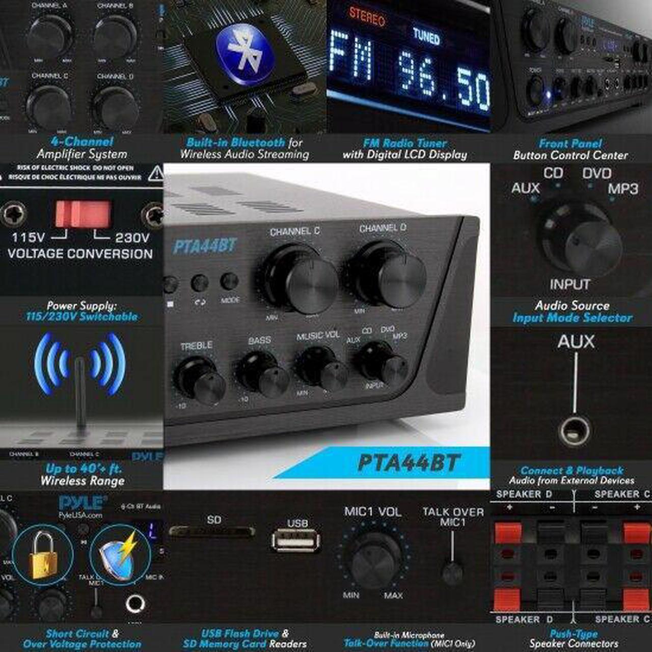 Alt view image 11 of 14 - 500W Karaoke Wireless Bluetooth Amplifier - 4 Channel Stereo Audio Home Theater Speaker Sound Power Receiver w/ AUX IN, FM, RCA Subwoofer Speakers OUT, USB, Microphone IN w/ Echo - Pyle PTA44BT
